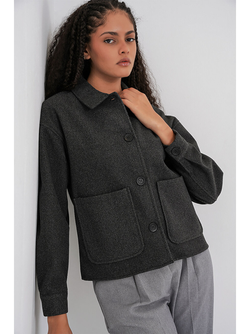 0713 Kadın Kaşe Ceket - Antrasit-3