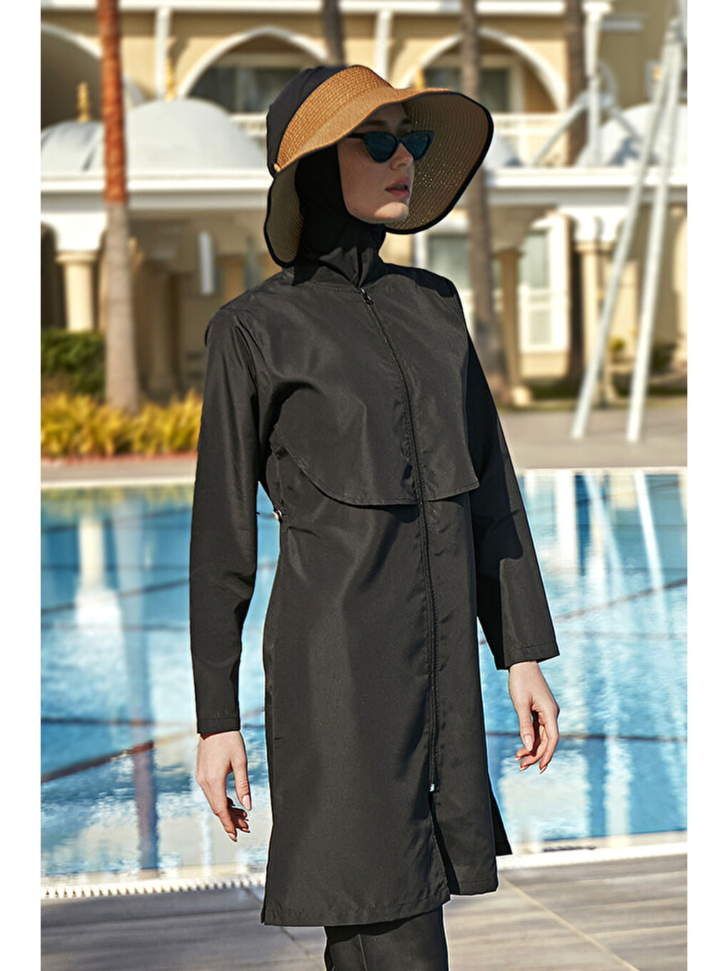 TEK ÜST Önü Kapaklı Paraşüt Tam Kapalı Tesettür Mayo R030 Nuray Siyah-1