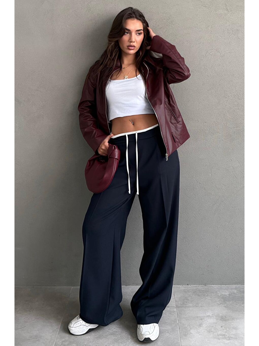 Lacivert Çift Bel Bantlı Wide Leg Kadın Pantolon Mg2551-2