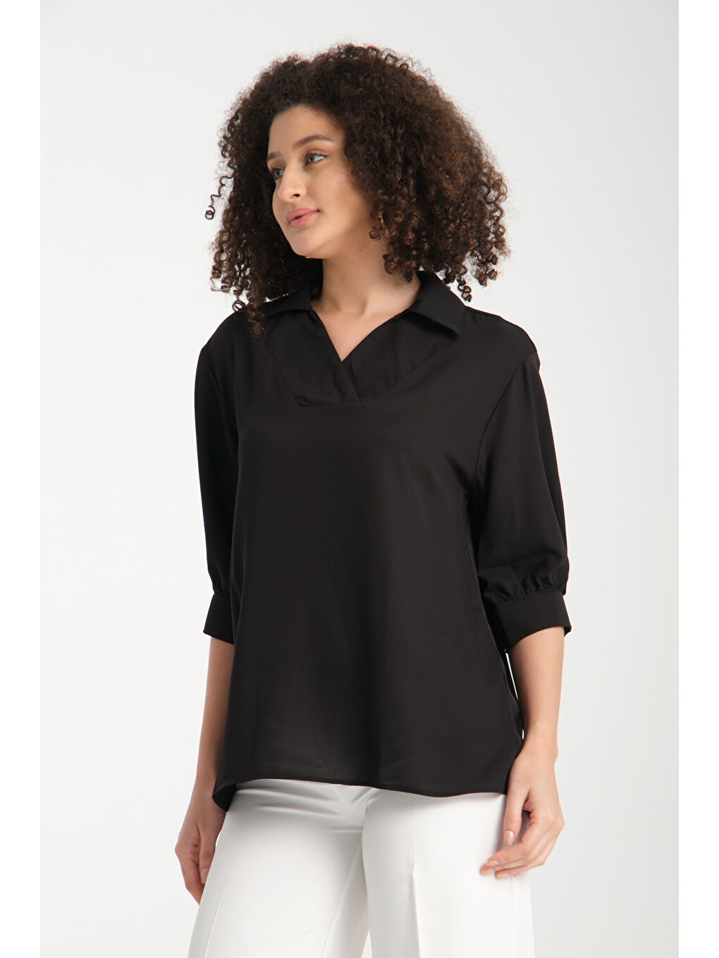 Siyah Kadın Gömlek Yaka  Bluz 0493-2