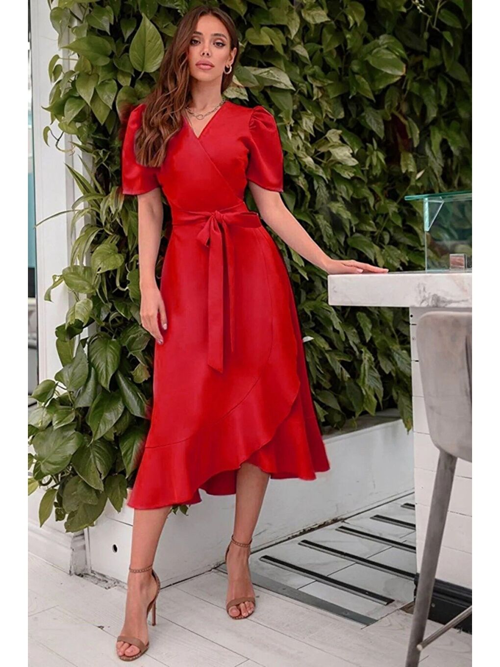 Kırmızı Kadın Kruvaze Yaka Midi Boy Kuşaklı Krep Elbise 120 Cm-4