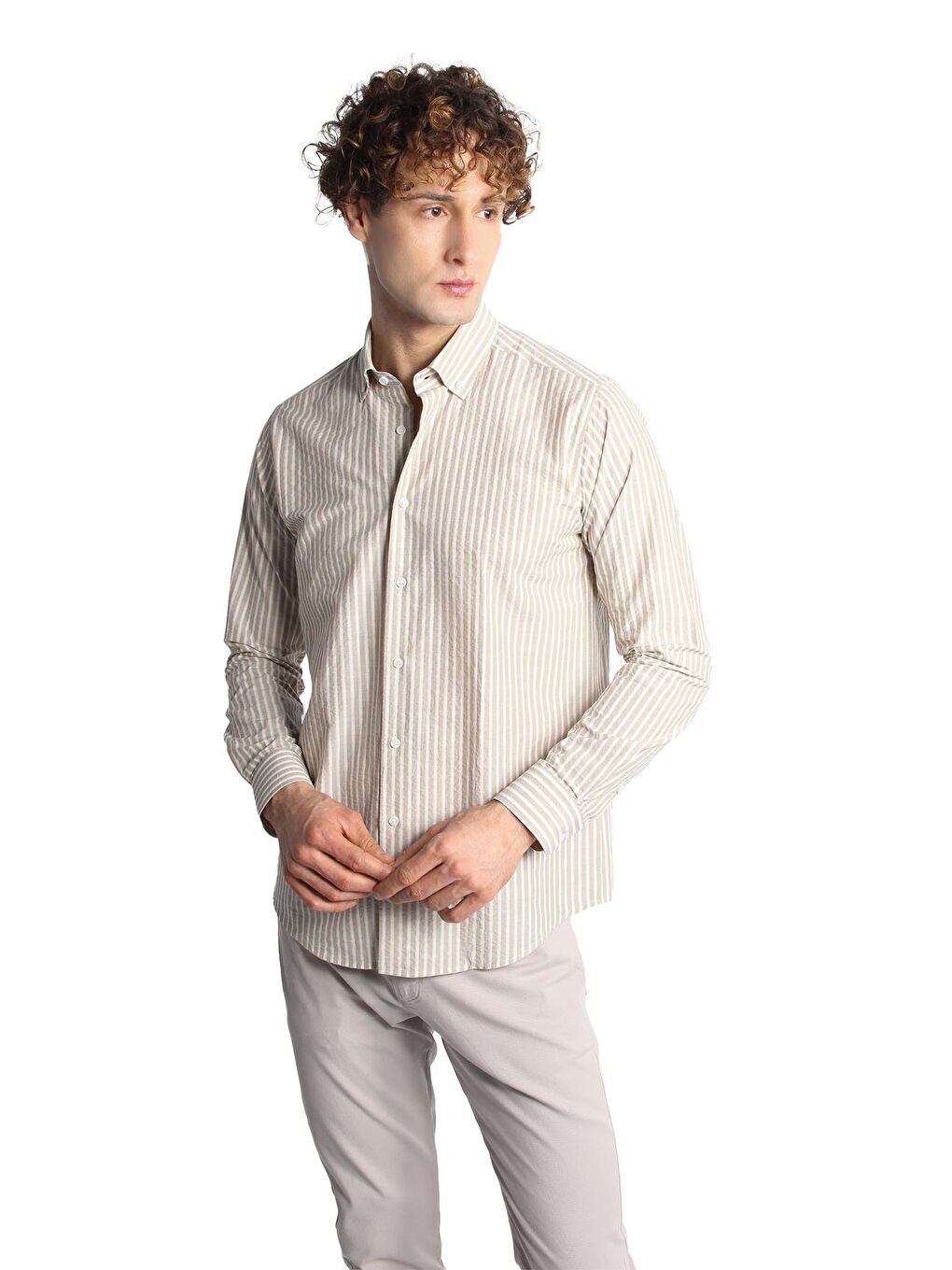 Bej Dynamic Fit Düğmeli Yaka Çizgili Uzun Kollu Cepsiz %100 Pamuk Gömlek-2