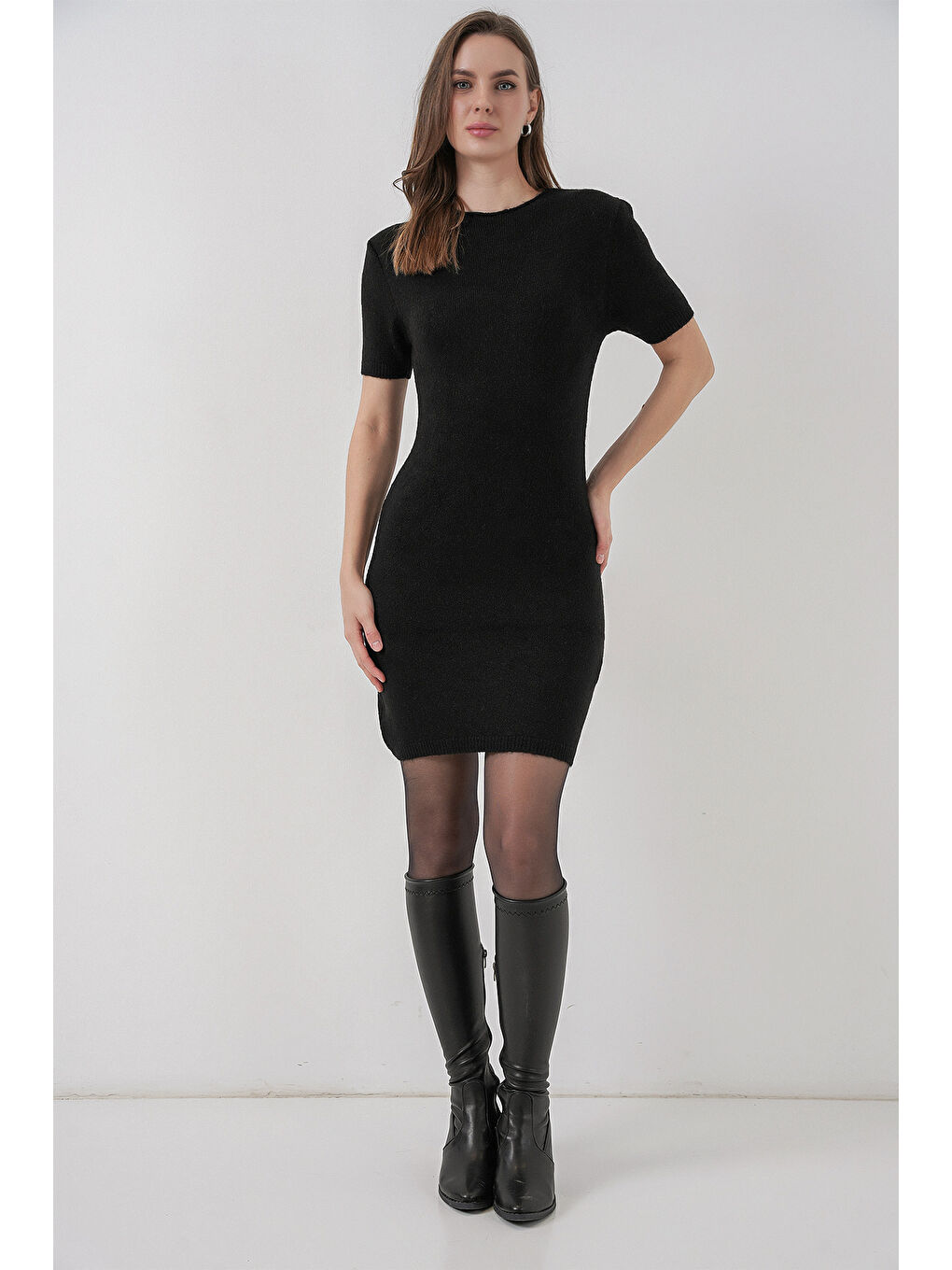 Kadın Kısa Kol Triko Elbise 15950 - Siyah-1