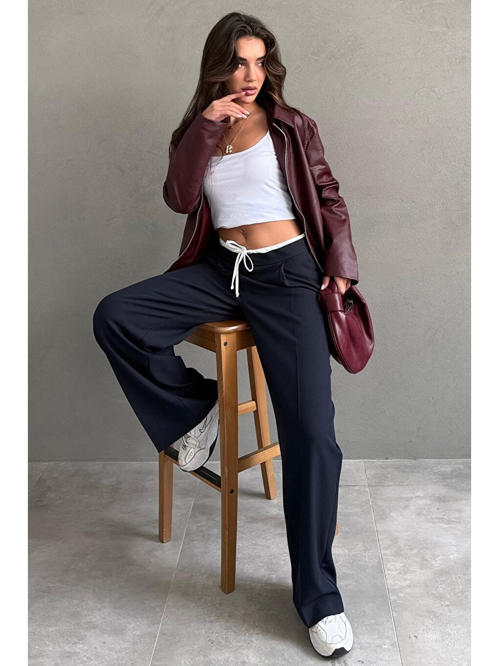 Lacivert Çift Bel Bantlı Wide Leg Kadın Pantolon Mg2551-3