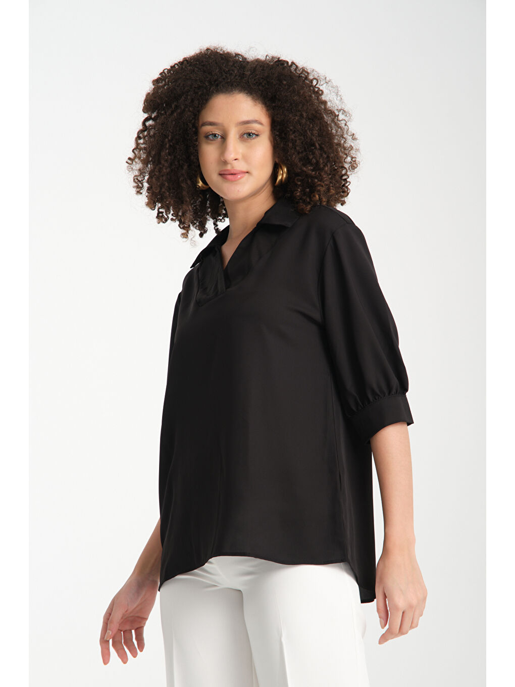 Siyah Kadın Gömlek Yaka  Bluz 0493-4