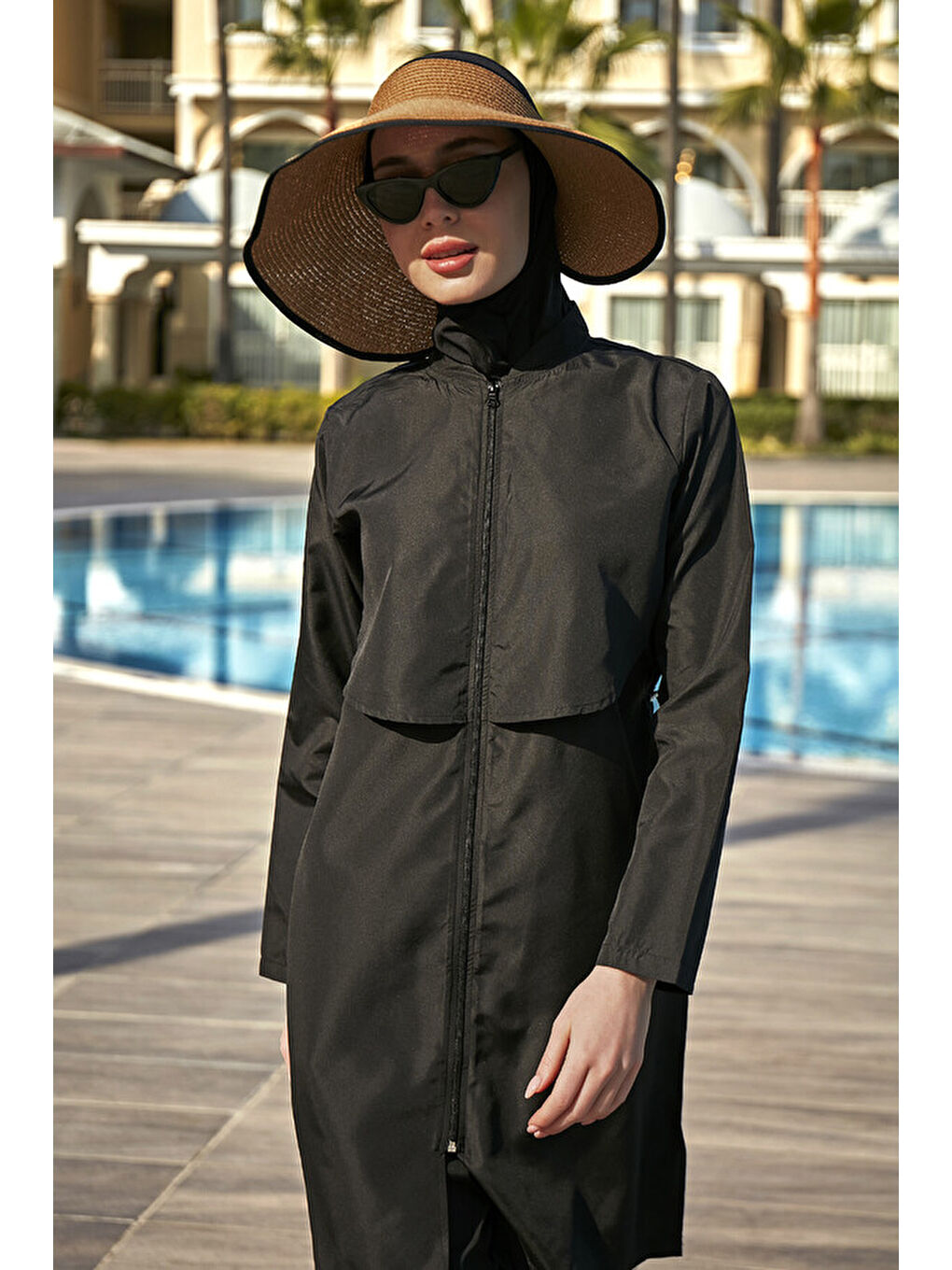 TEK ÜST Önü Kapaklı Paraşüt Tam Kapalı Tesettür Mayo R030 Nuray Siyah-2