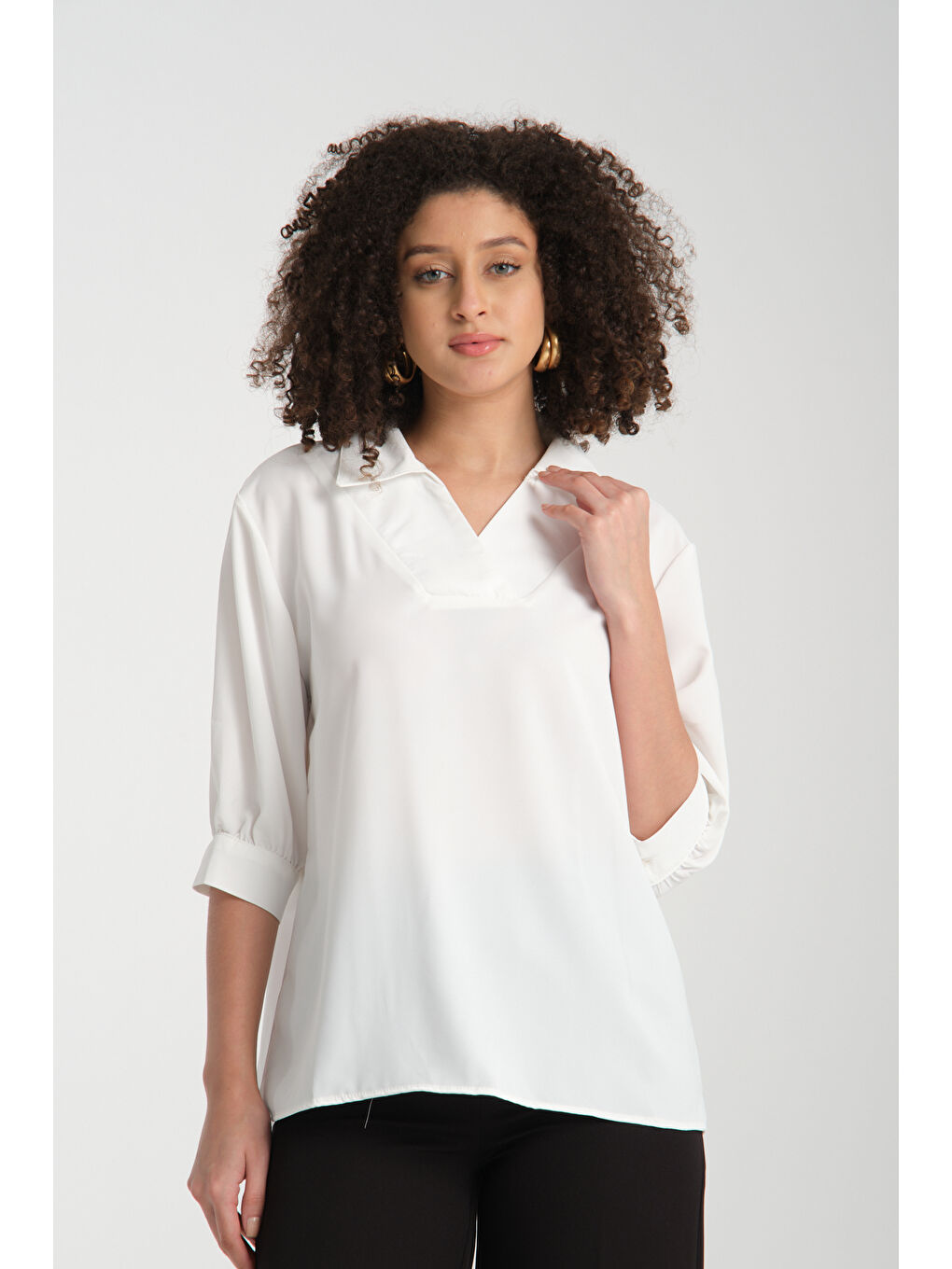 Ekru Kadın Gömlek Yaka  Bluz 0493