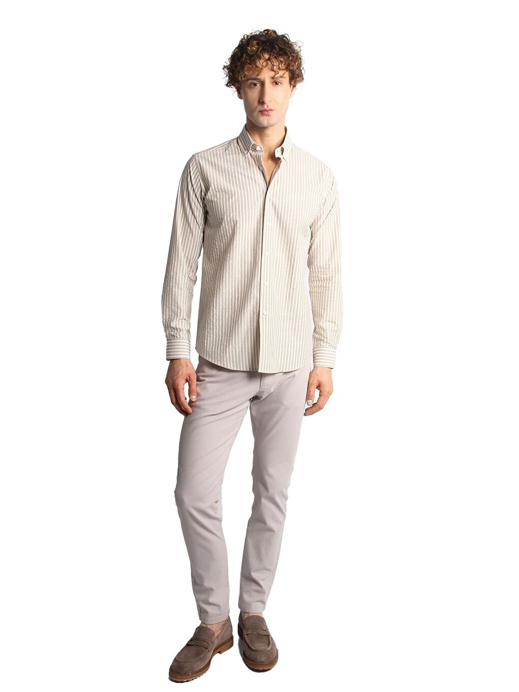 Bej Dynamic Fit Düğmeli Yaka Çizgili Uzun Kollu Cepsiz %100 Pamuk Gömlek-3