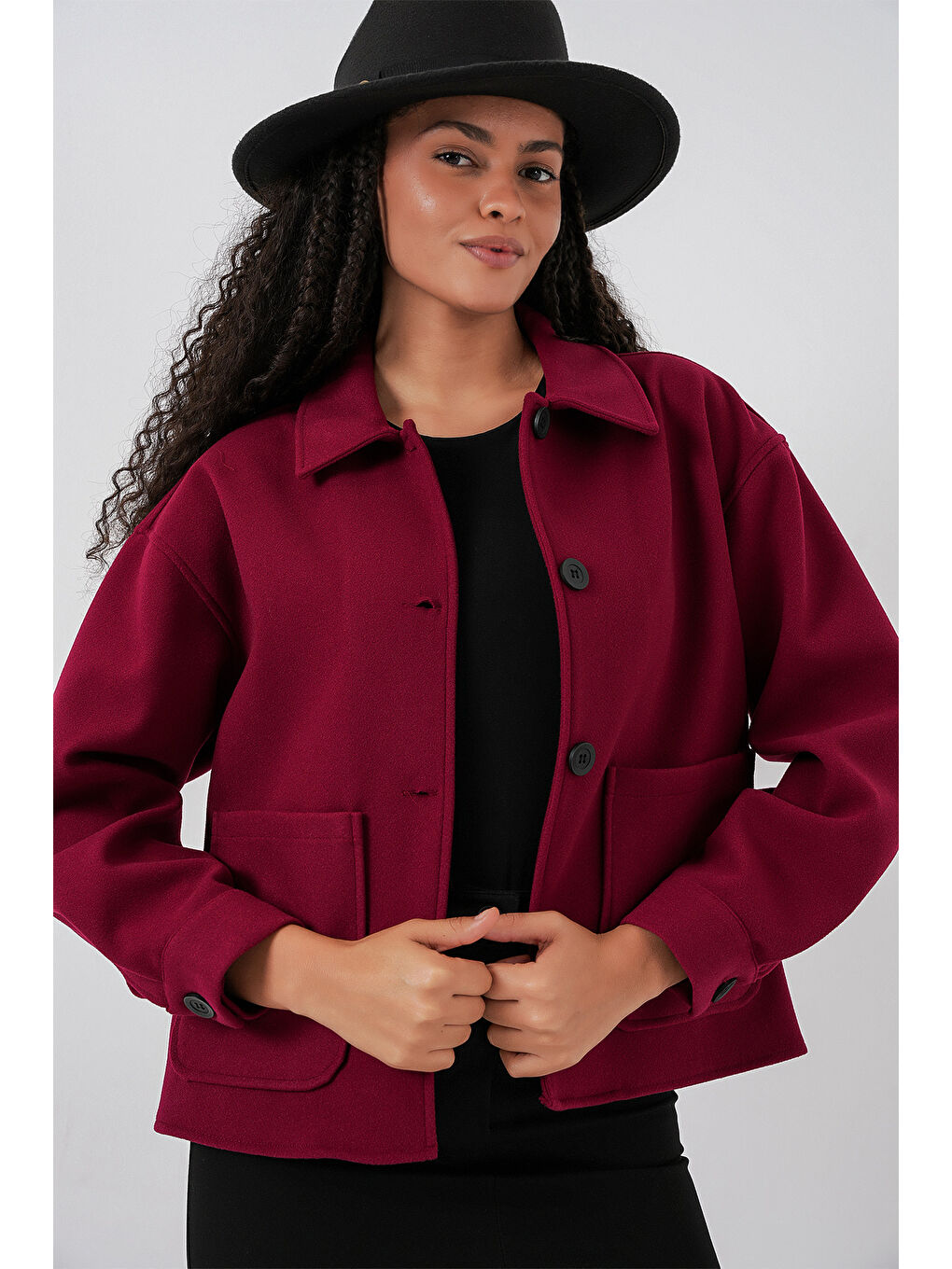 0713 Kadın Kaşe Ceket - Bordo-2