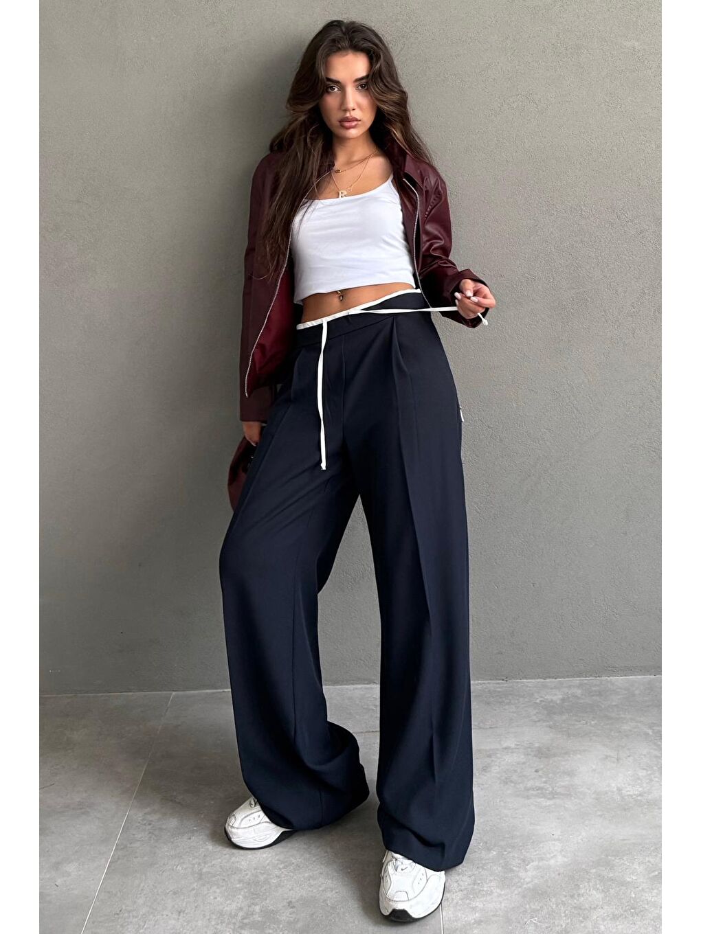 Lacivert Çift Bel Bantlı Wide Leg Kadın Pantolon Mg2551-4