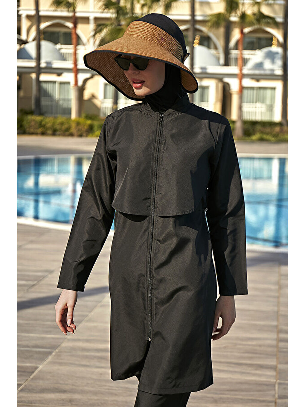 TEK ÜST Önü Kapaklı Paraşüt Tam Kapalı Tesettür Mayo R030 Nuray Siyah-3