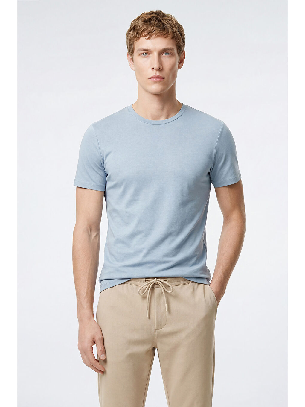 Erkek Mavi Pamuklu Slim Fit Dar Kesim Bisiklet Yaka Tişört-3
