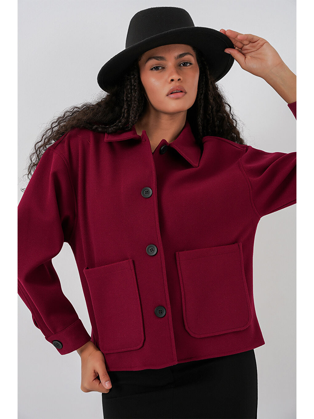 0713 Kadın Kaşe Ceket - Bordo-3
