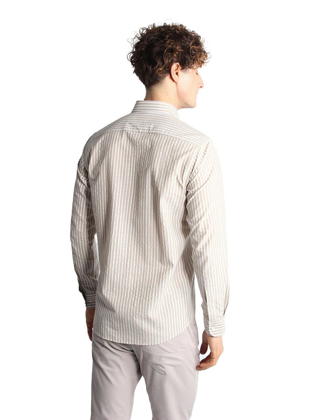 Bej Dynamic Fit Düğmeli Yaka Çizgili Uzun Kollu Cepsiz %100 Pamuk Gömlek-4