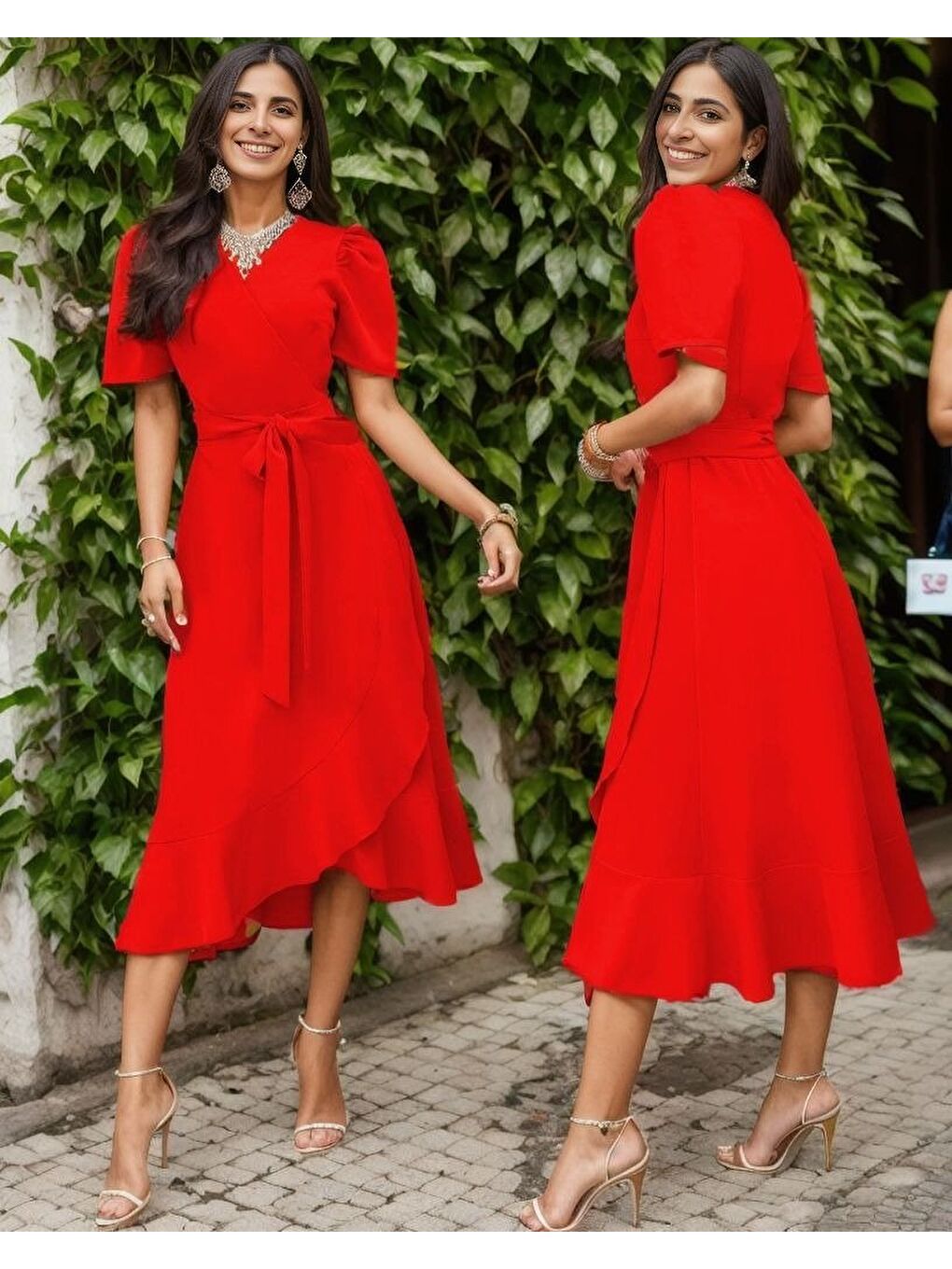 Kırmızı Kadın Kruvaze Yaka Midi Boy Kuşaklı Krep Elbise 120 Cm-2