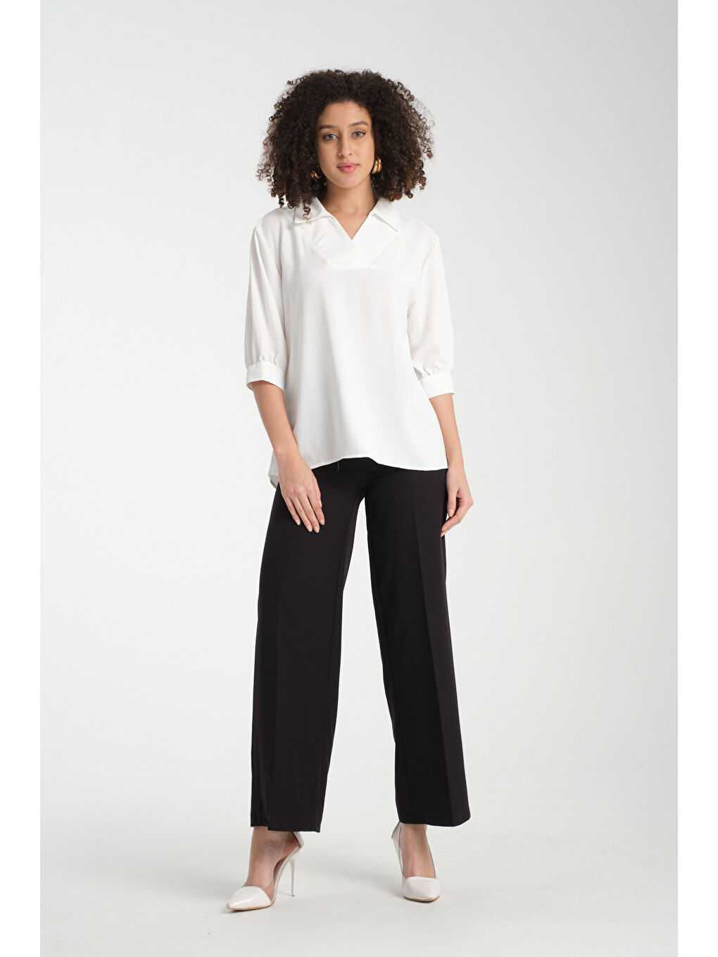 Ekru Kadın Gömlek Yaka  Bluz 0493-2