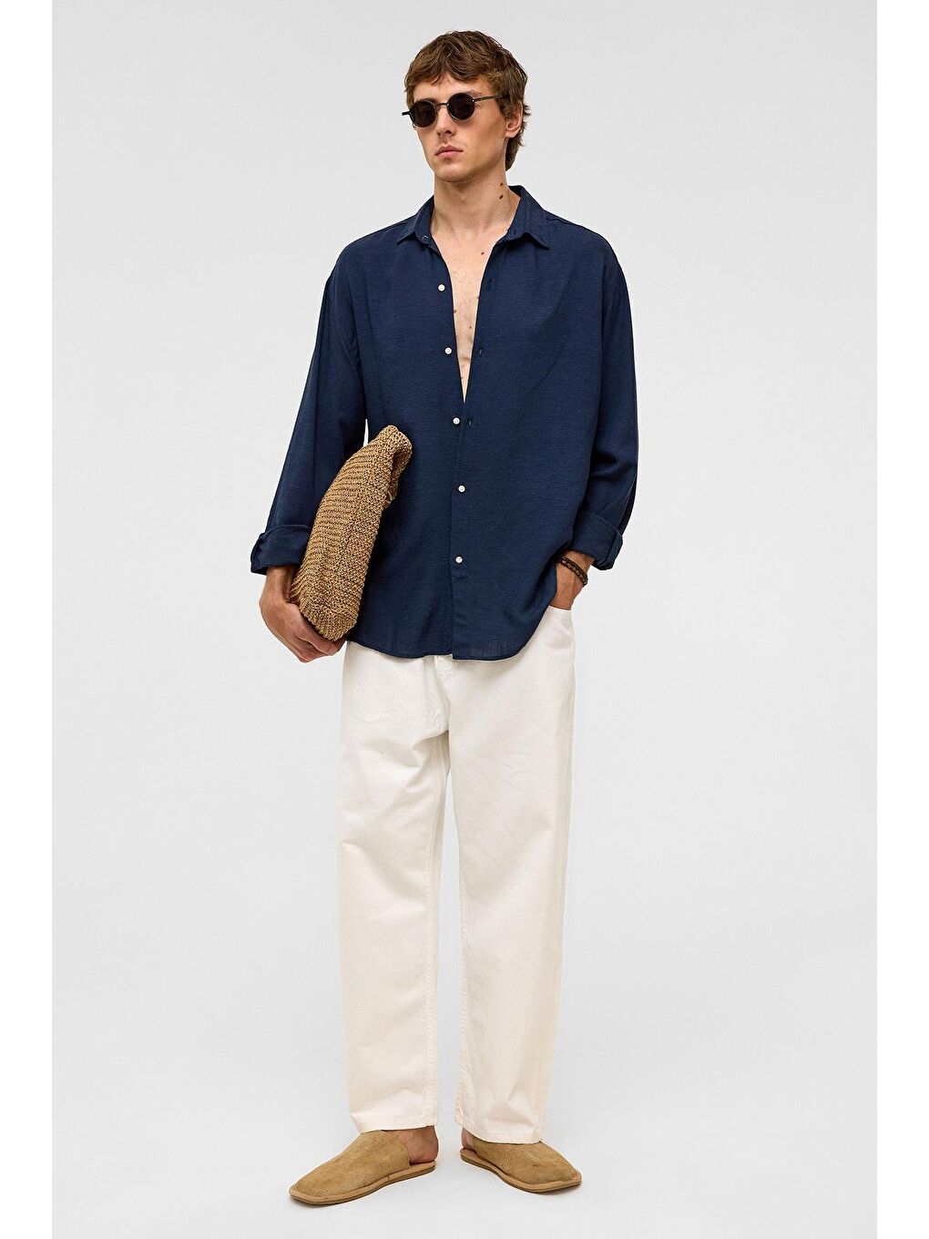 Oversize Uzun Kollu Keten Gömlek Lacivert-1