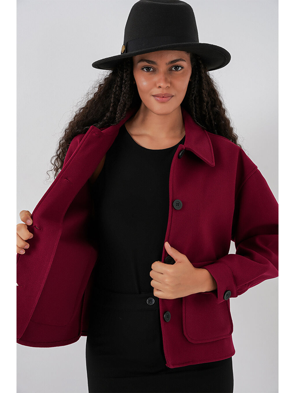 0713 Kadın Kaşe Ceket - Bordo-4