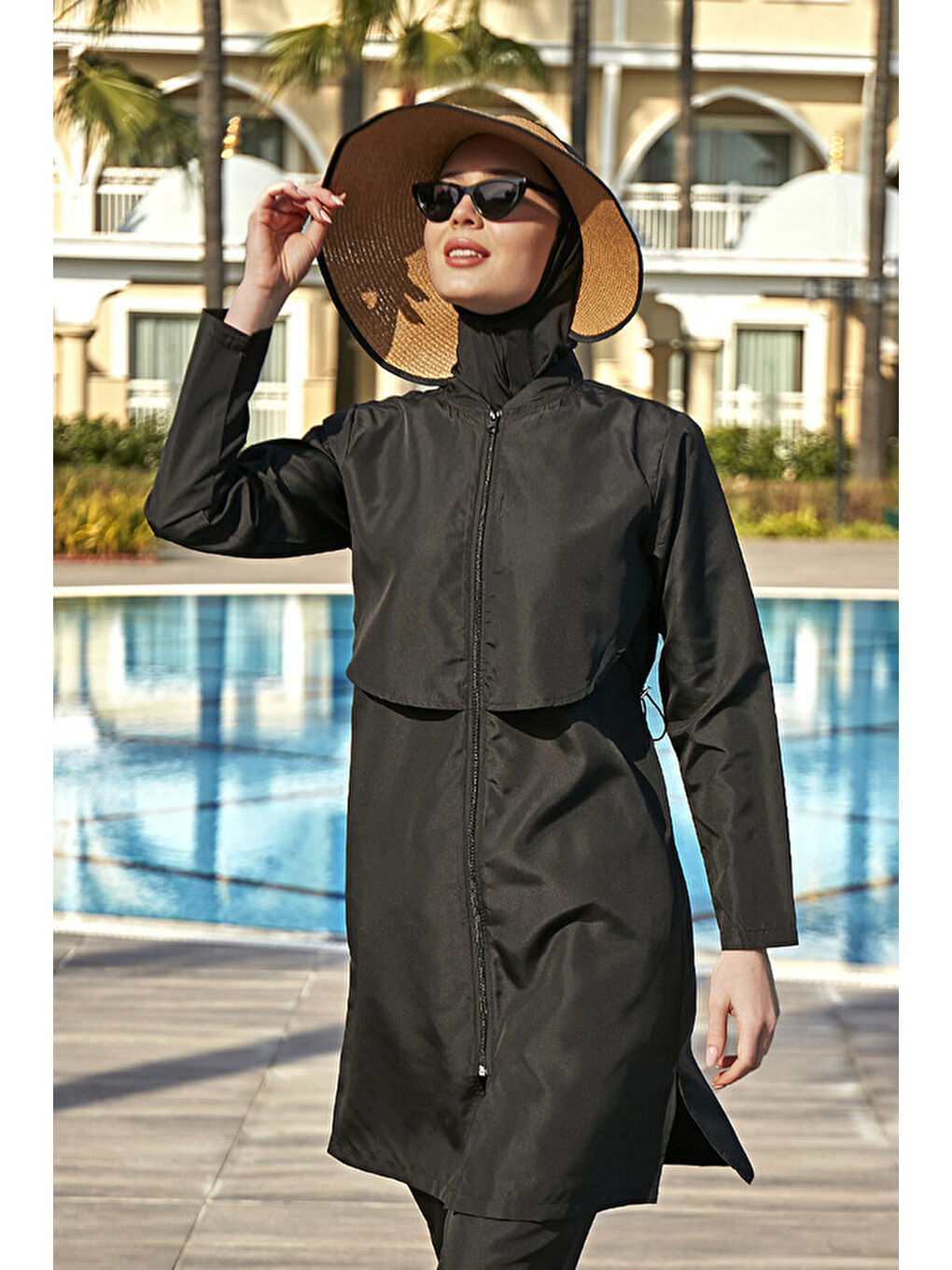 TEK ÜST Önü Kapaklı Paraşüt Tam Kapalı Tesettür Mayo R030 Nuray Siyah-4