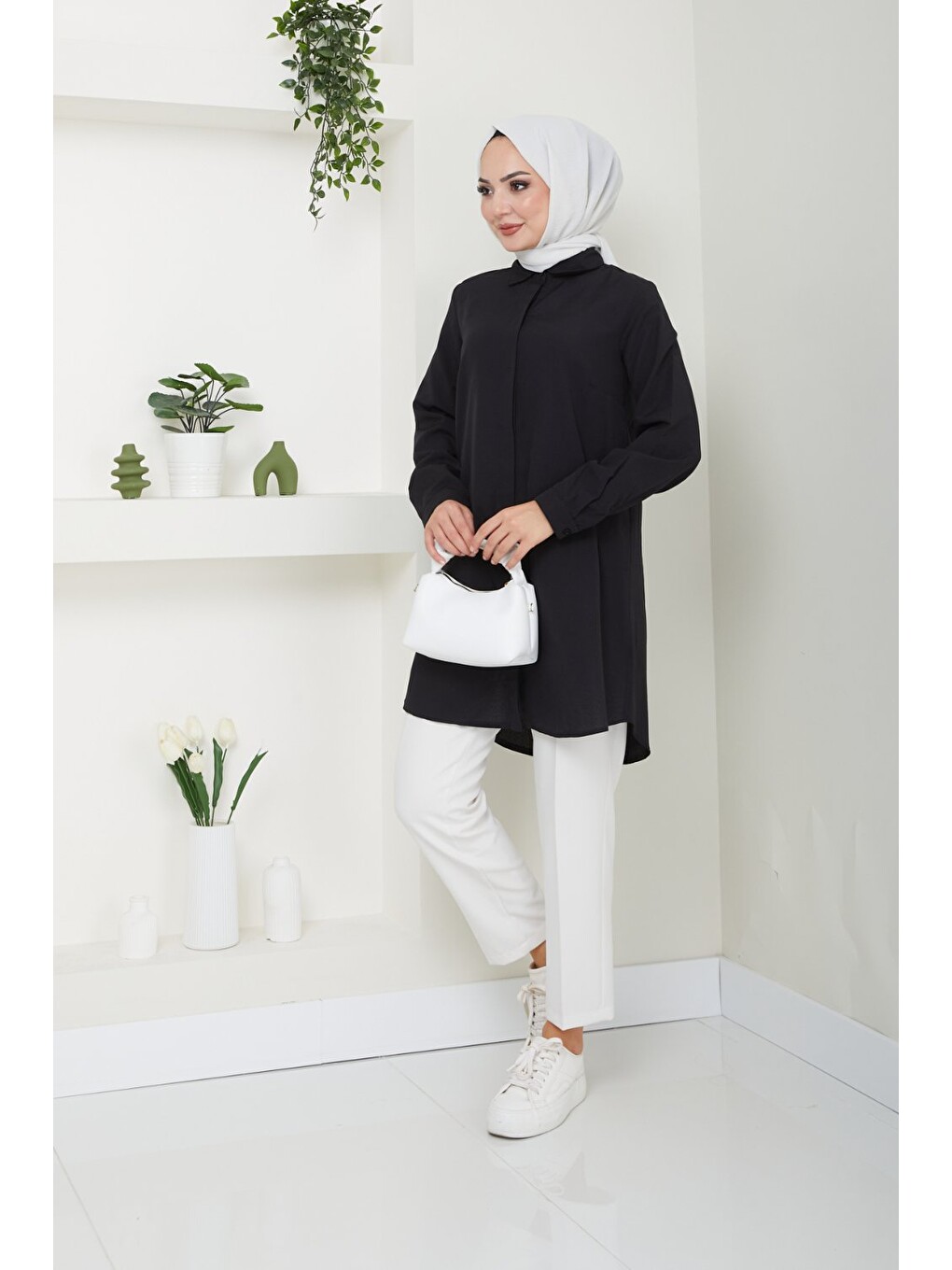 Kadın Uzun Basic Siyah Polo Yaka Tesettür Gömlek Elbise-3