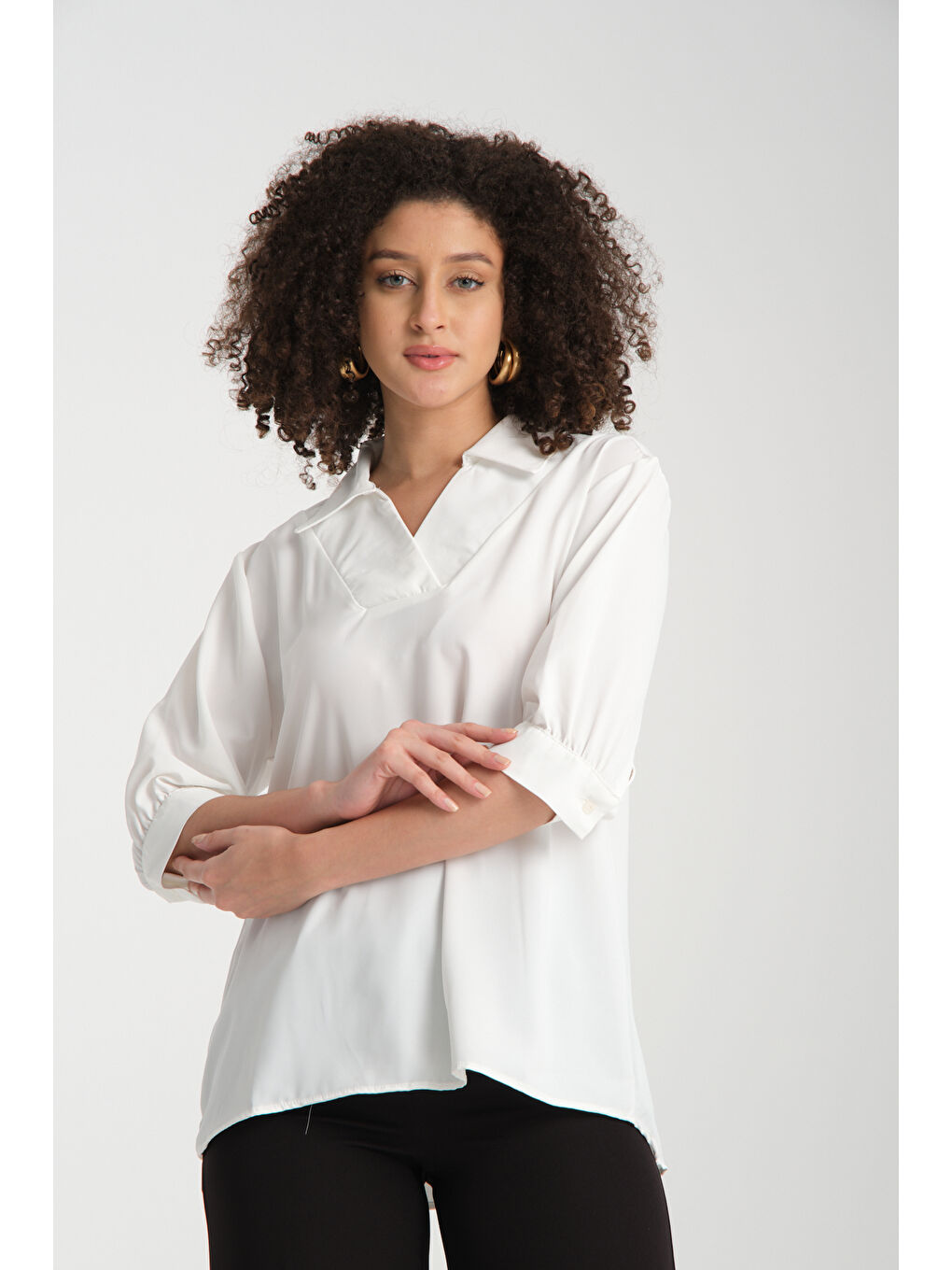 Ekru Kadın Gömlek Yaka  Bluz 0493-4