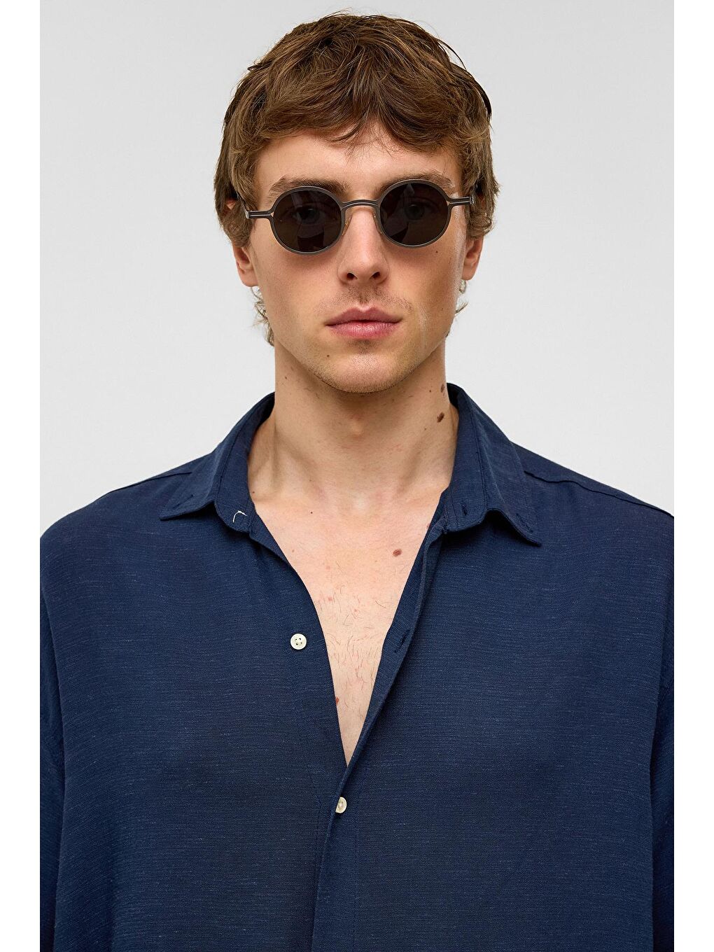 Oversize Uzun Kollu Keten Gömlek Lacivert-4