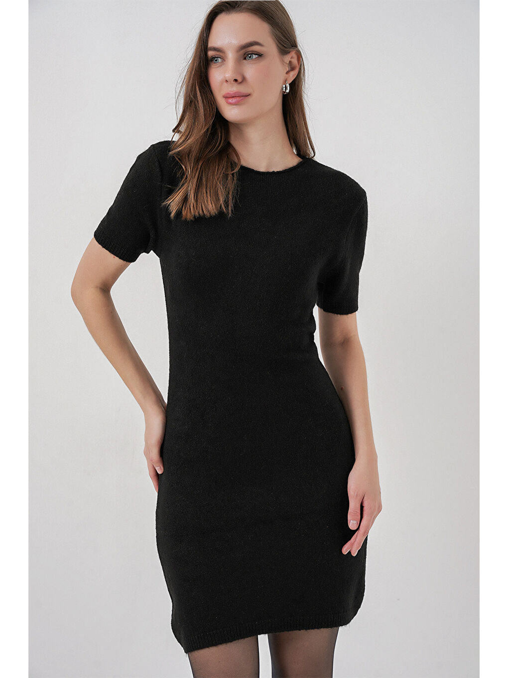 Kadın Kısa Kol Triko Elbise 15950 - Siyah-3