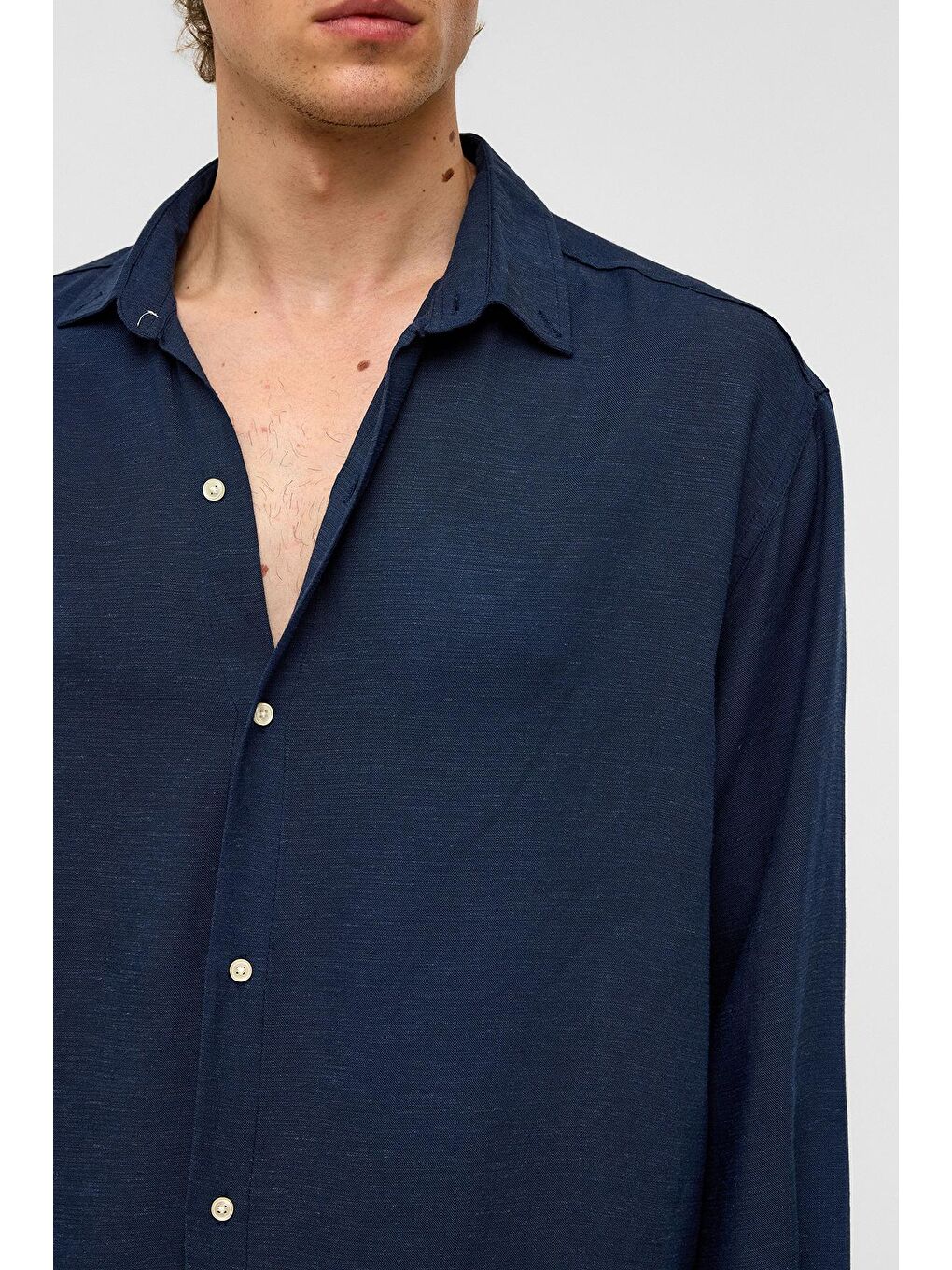 Oversize Uzun Kollu Keten Gömlek Lacivert-5