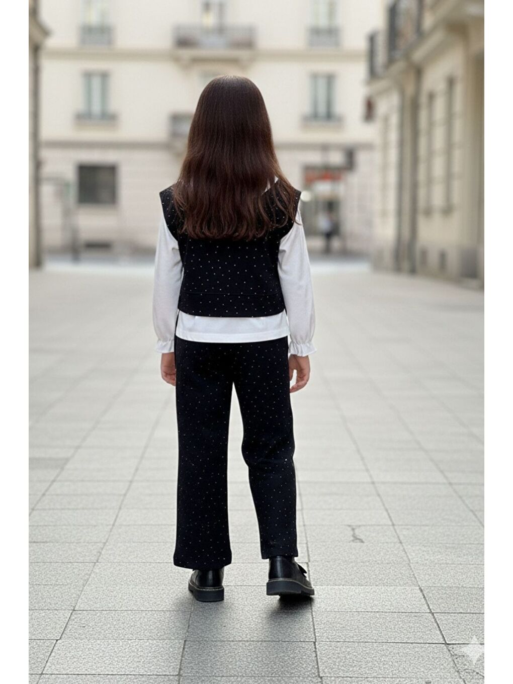 Siyah Taşlı Penye Süveter Pantolonlu Üçlü Kız Çocuk Takımı-1