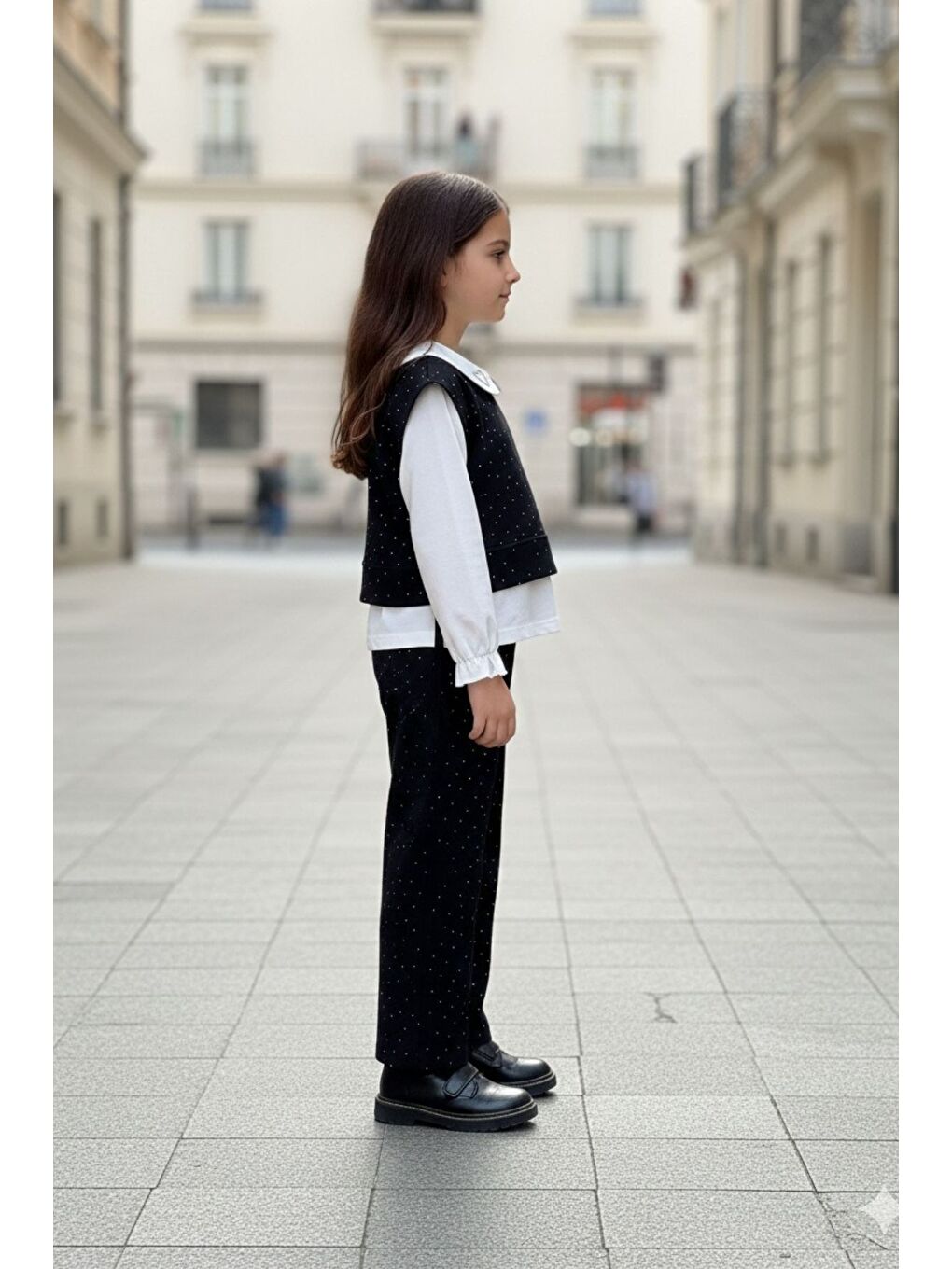 Siyah Taşlı Penye Süveter Pantolonlu Üçlü Kız Çocuk Takımı-2