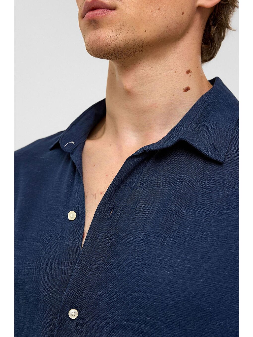 Oversize Uzun Kollu Keten Gömlek Lacivert-6