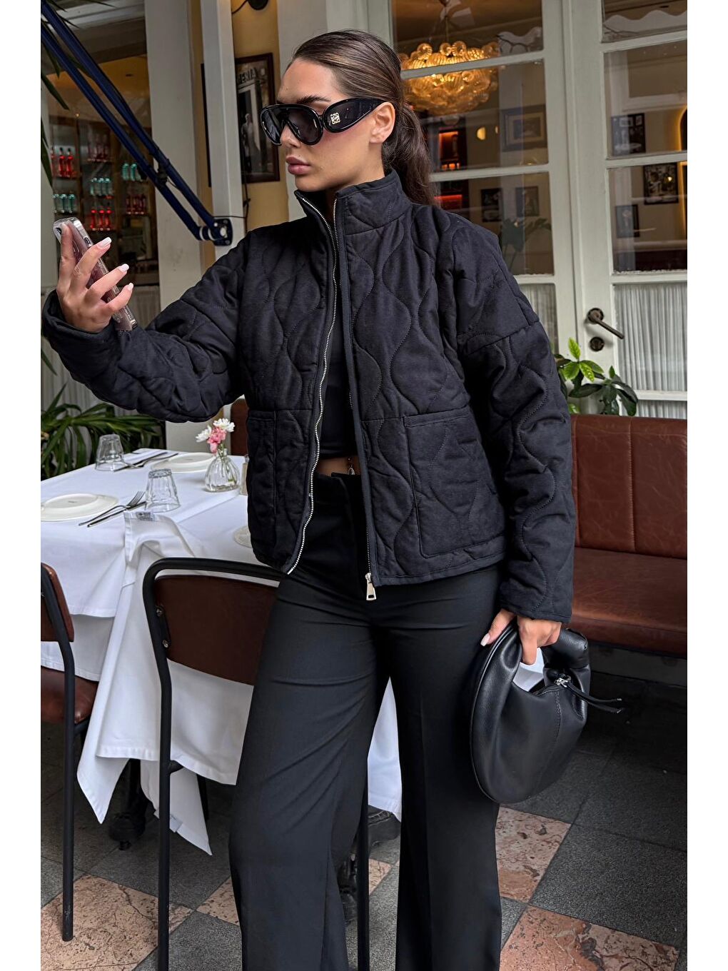 Siyah Dik Yaka Kapitone Kadın Mont Mg2568-2