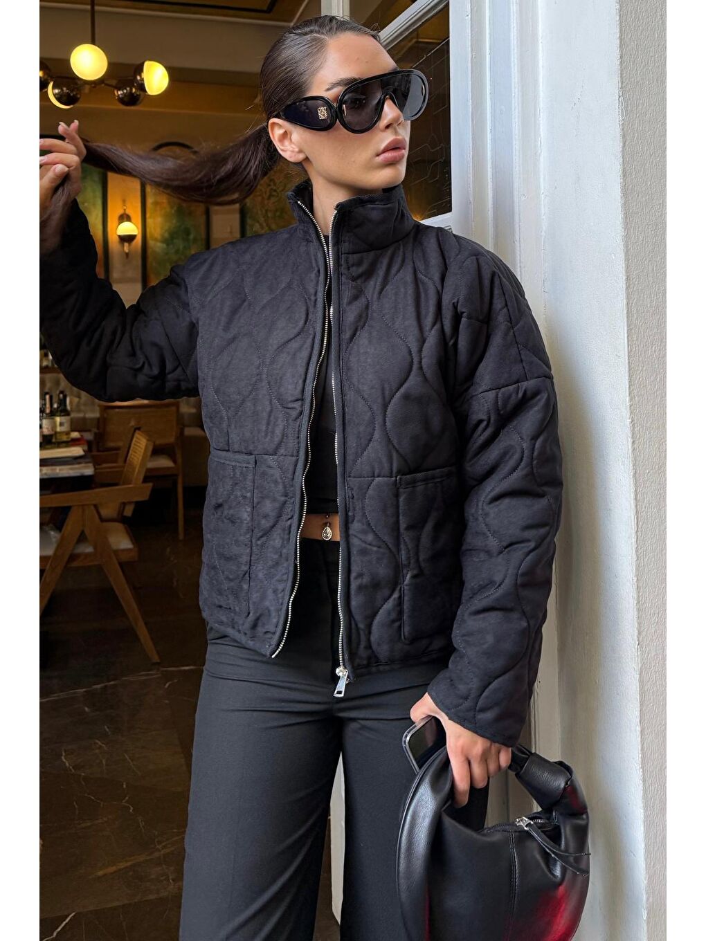 Siyah Dik Yaka Kapitone Kadın Mont Mg2568-3