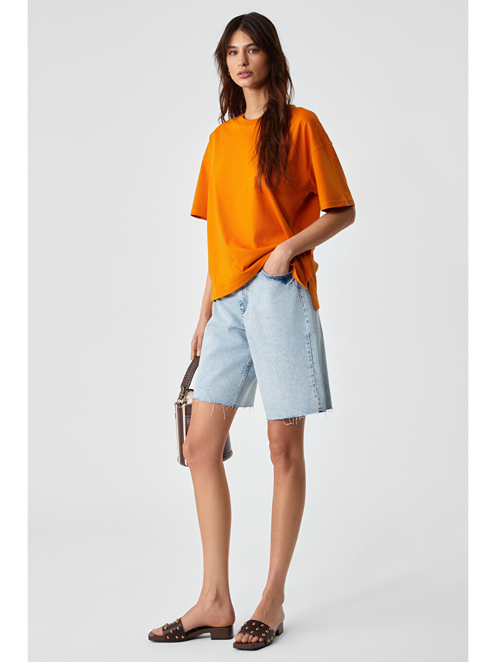 Turuncu Jemmy Kadın %100 Organik Pamuk Relaxed Fit Yırtmaçlı Yuvarlak Yakalı TURUNCU T-Shirt-3