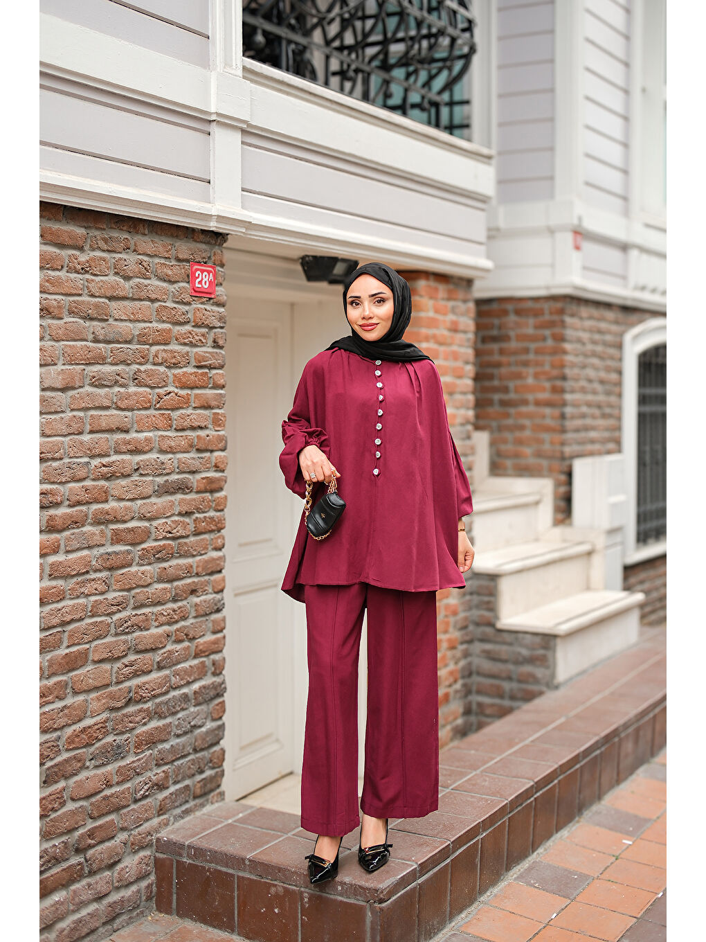 Kadın Önü Düğme Detaylı İkili Takım Bordo-2