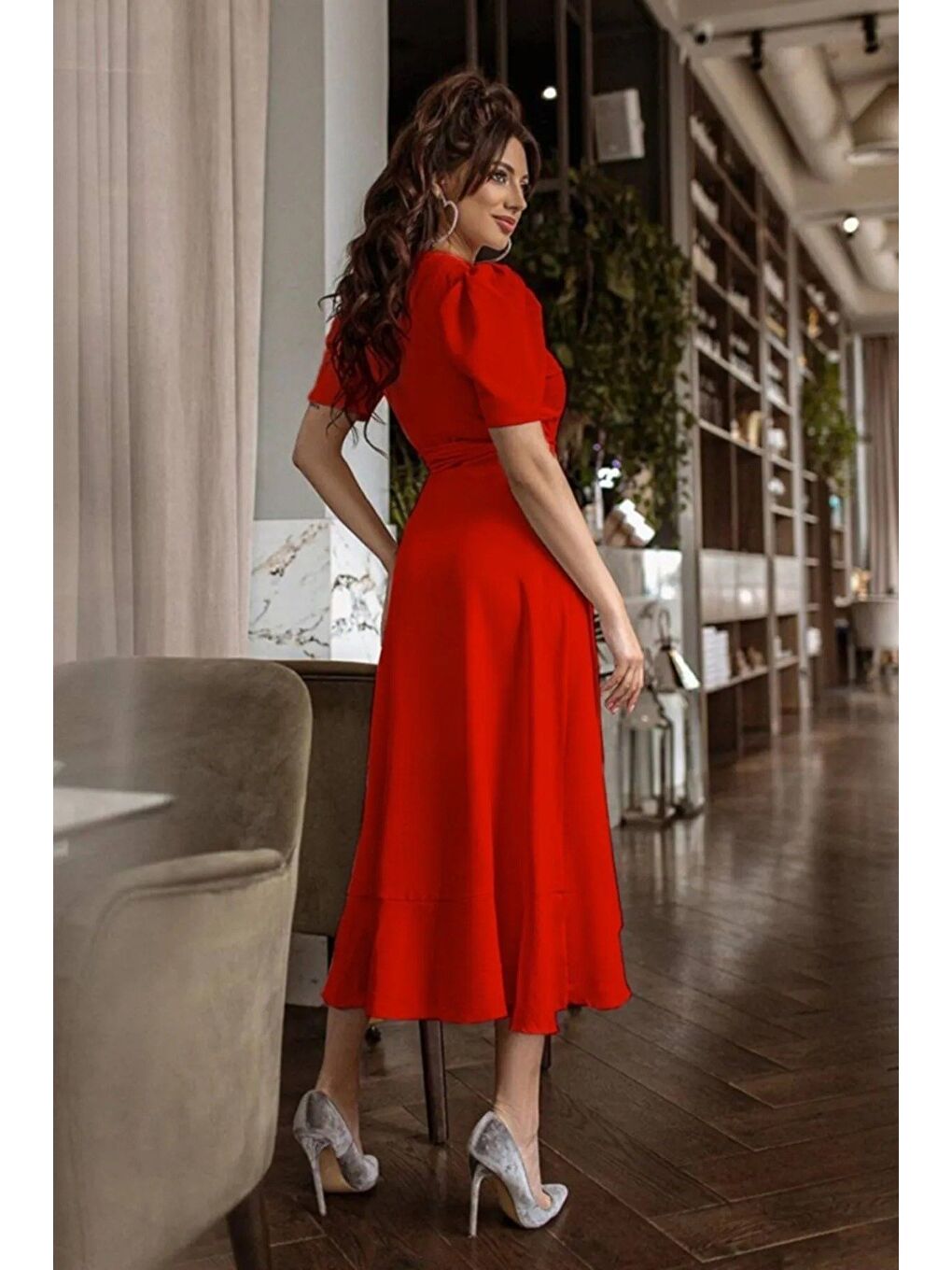 Kırmızı Kadın Kruvaze Yaka Midi Boy Kuşaklı Krep Elbise 120 Cm-6