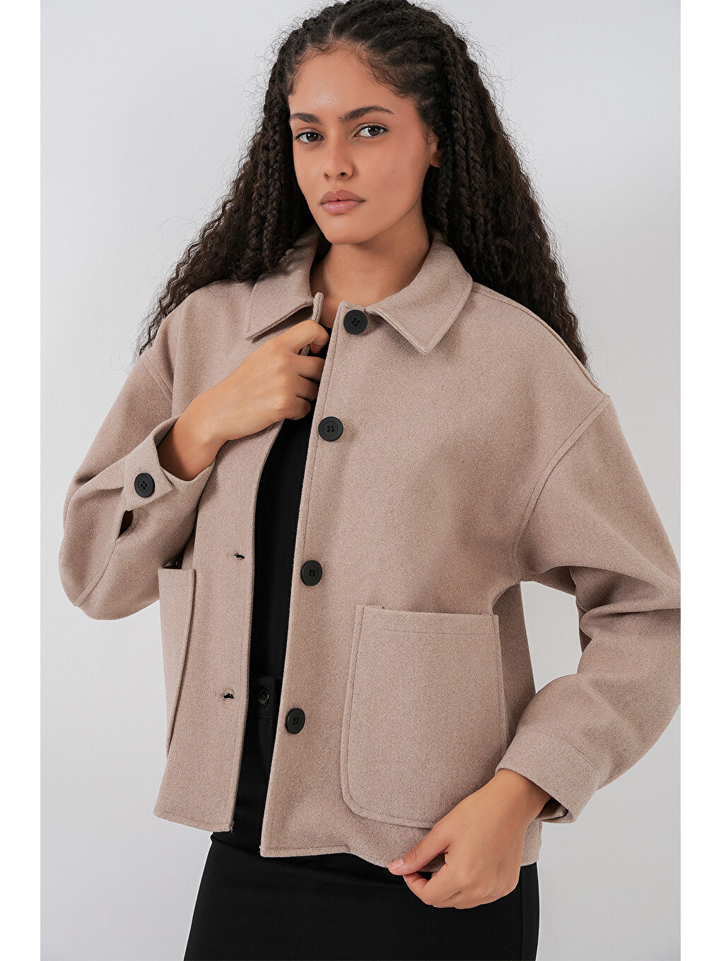 0713 Kadın Kaşe Ceket - Bej-3