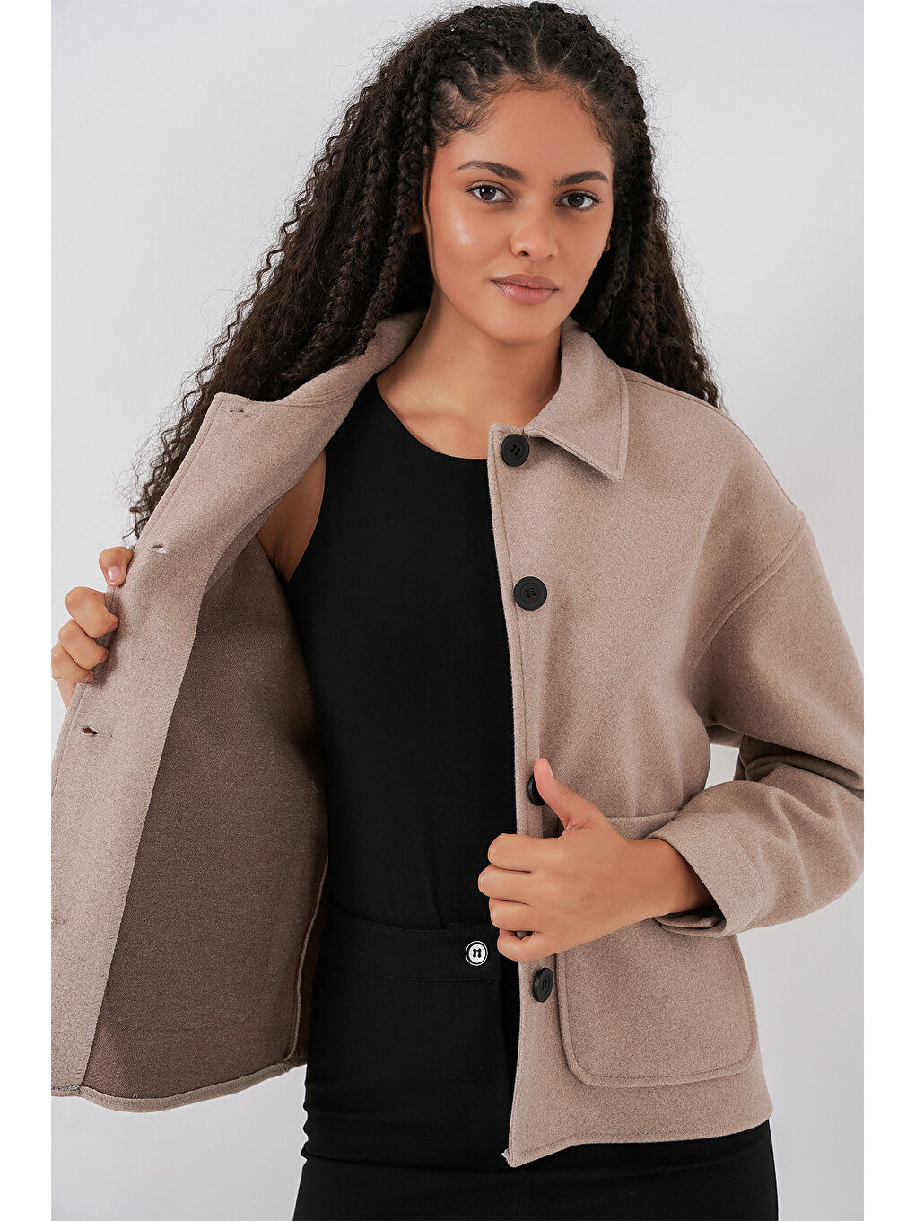 0713 Kadın Kaşe Ceket - Bej-4