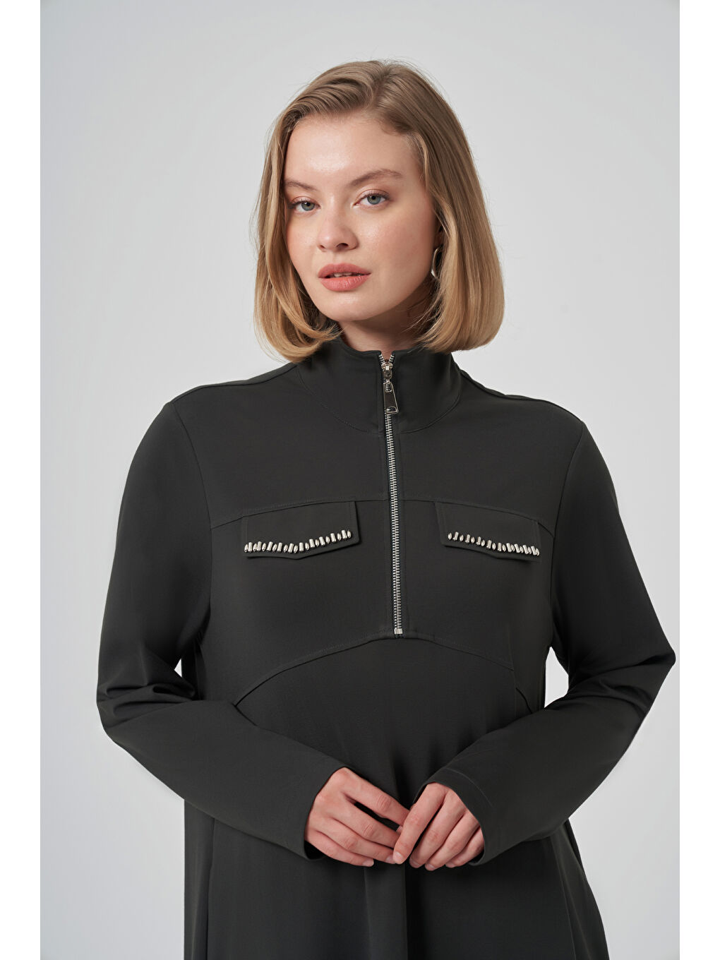 Fermuar ve Boncuk İşleme Detay Elbise 2013 Haki-1