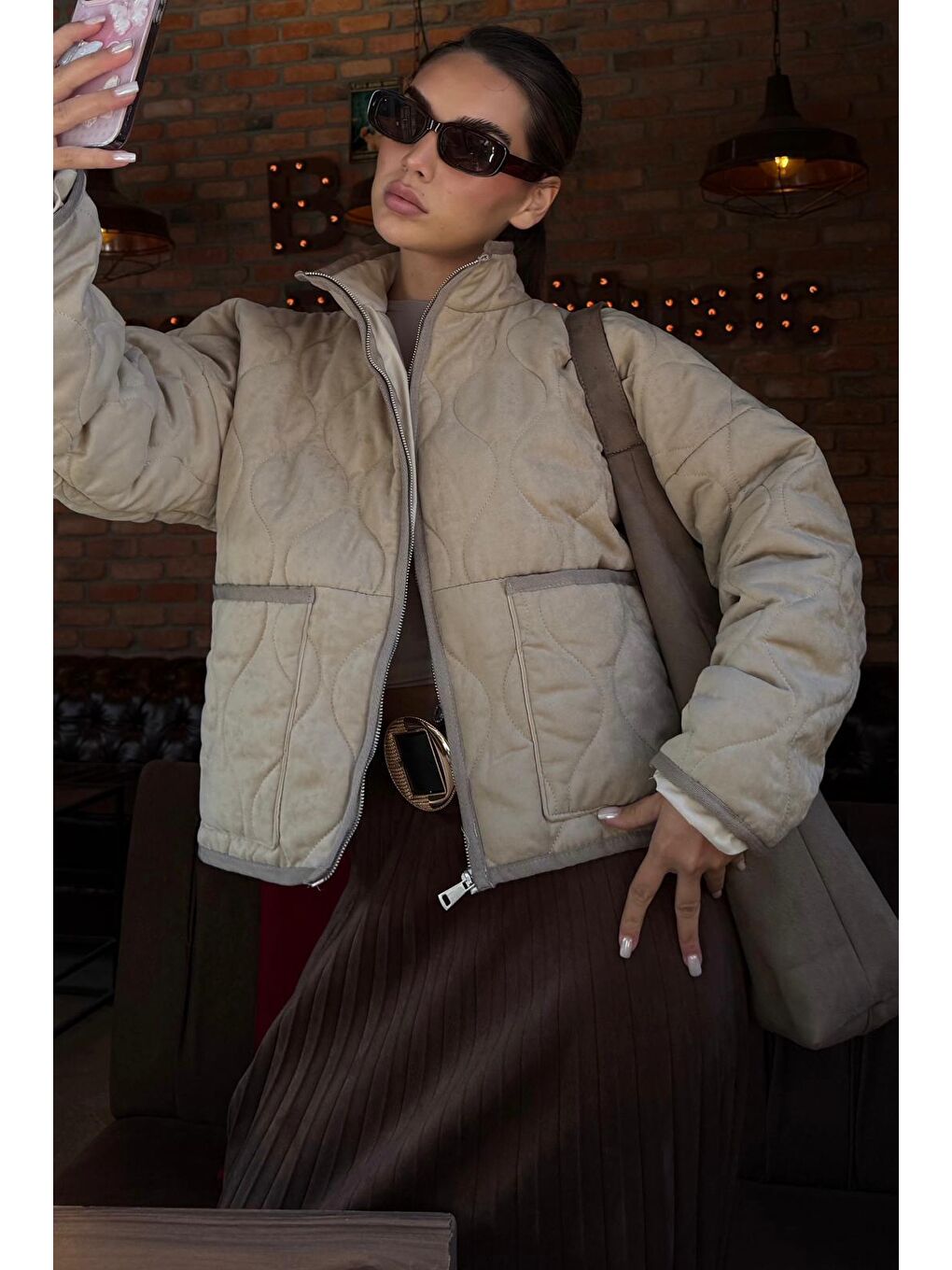 Bej Dik Yaka Kapitone Kadın Mont Mg2568