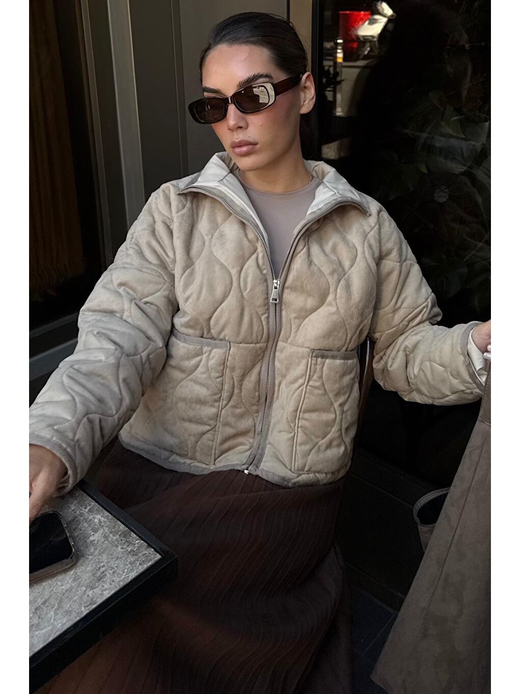 Bej Dik Yaka Kapitone Kadın Mont Mg2568-1