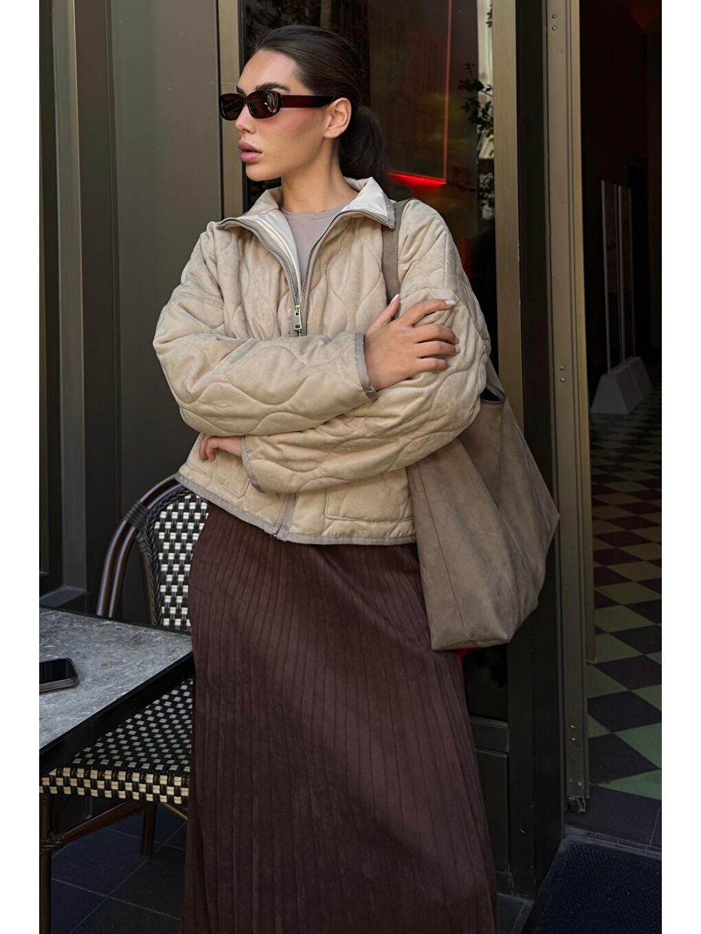 Bej Dik Yaka Kapitone Kadın Mont Mg2568-2