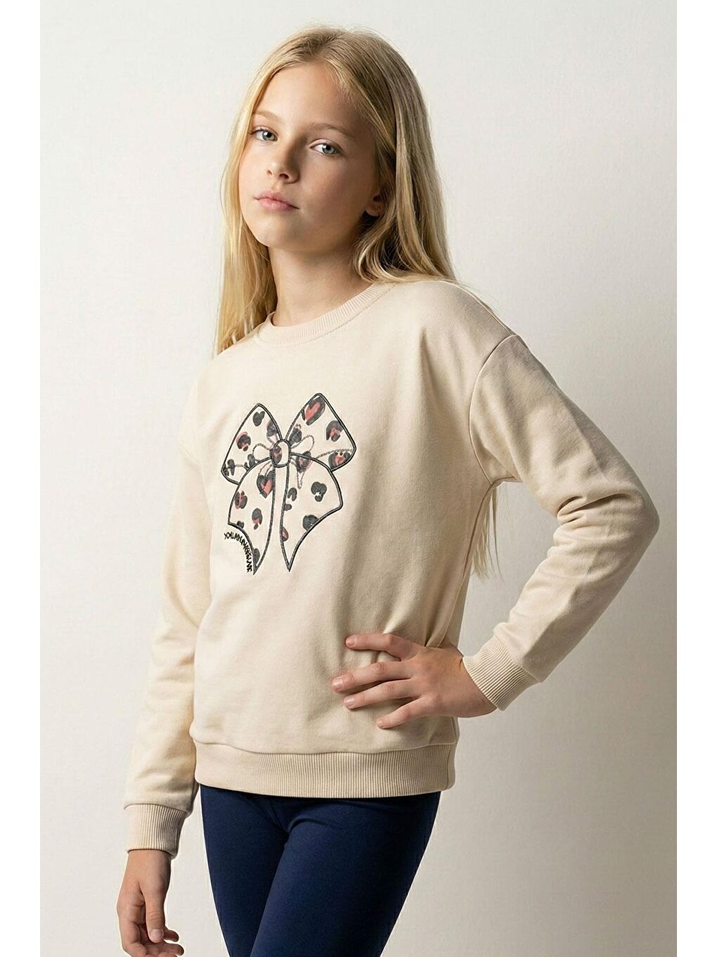Ekru Kız Çocuk Sweatshirt Fiyonk Baskı Nakışlı Yazılı Krem (6-12 Yaş)