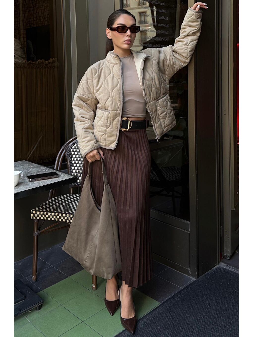 Bej Dik Yaka Kapitone Kadın Mont Mg2568-3