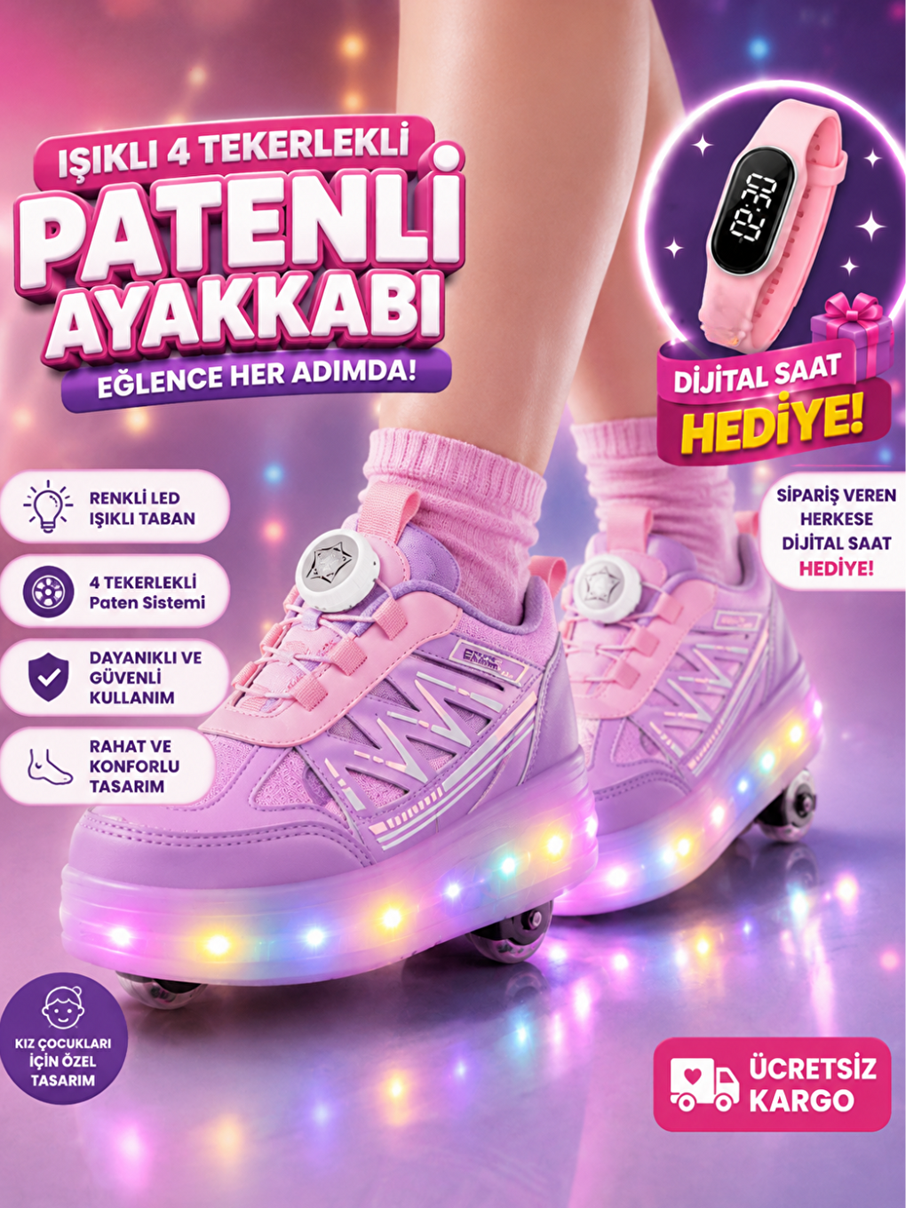 Patenli Kız Çocuk Ayakkabı Pembe - Lila Tak Çıkar Tekerlekli-2
