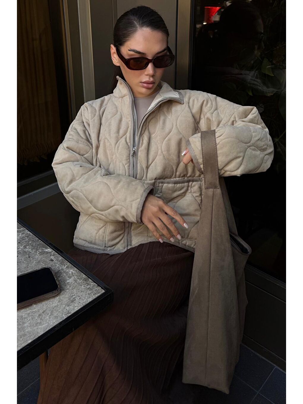 Bej Dik Yaka Kapitone Kadın Mont Mg2568-4