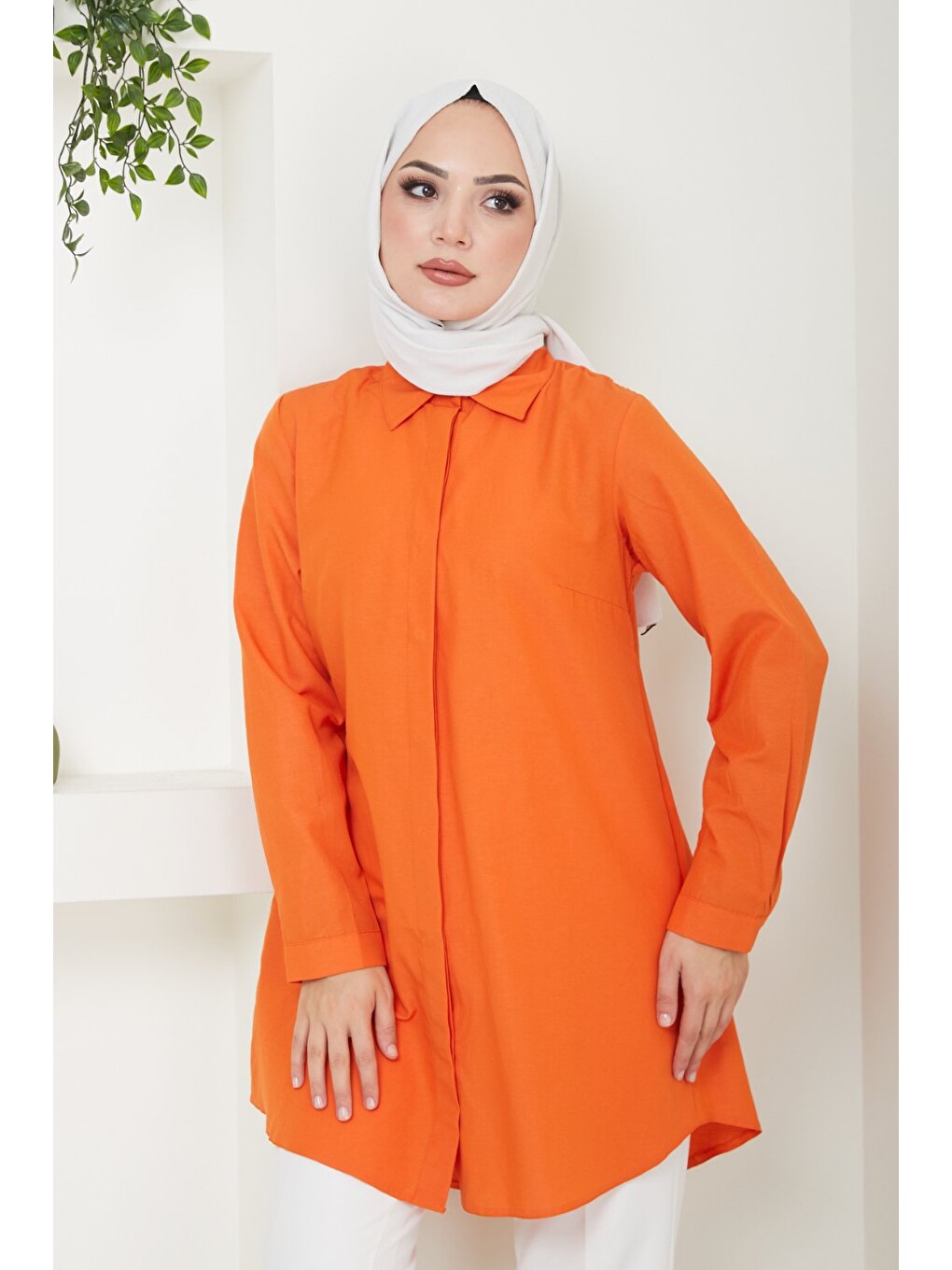 Kadın Uzun Basic Turuncu Polo Yaka Tesettür Gömlek Elbise