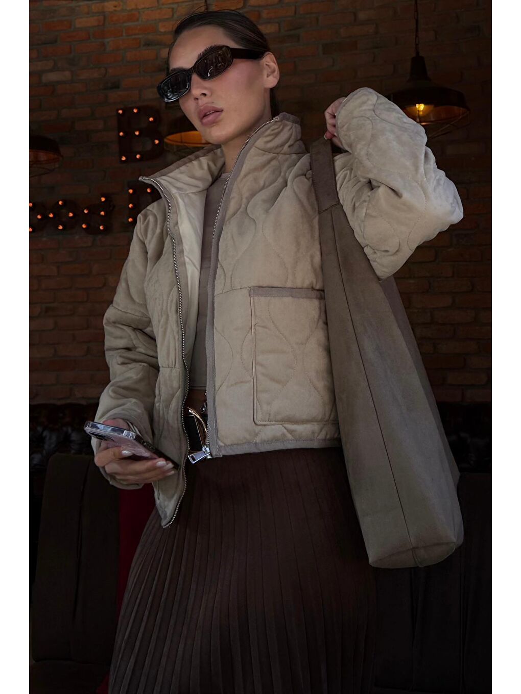 Bej Dik Yaka Kapitone Kadın Mont Mg2568-5