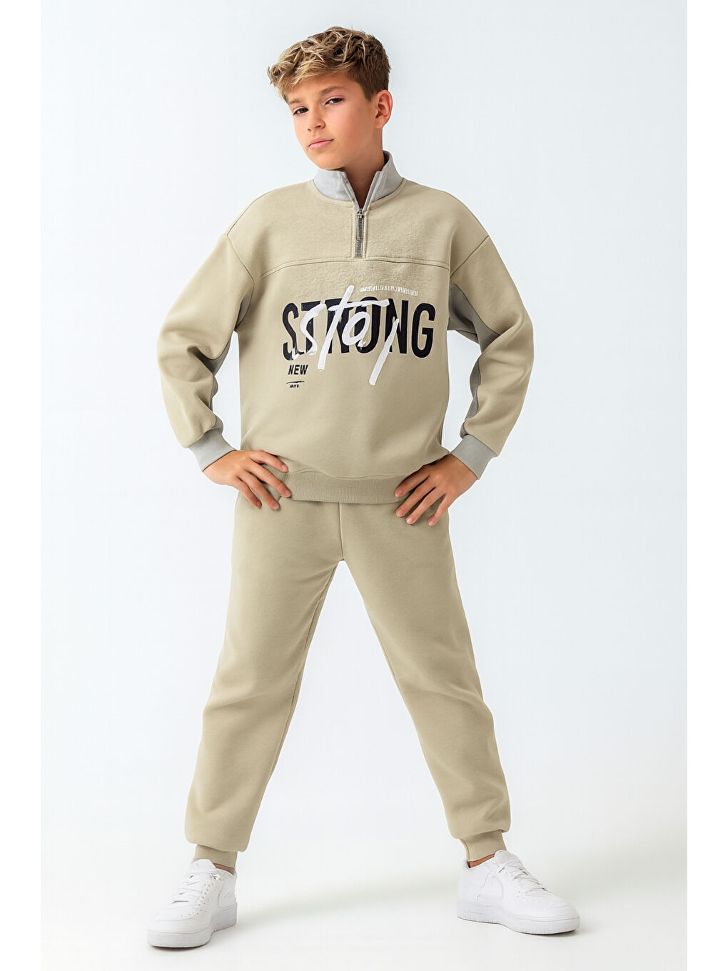 Yeşil Erkek Çocuk Brooklyn Stay Strong Baskılı 3 İplik Kalın Kışlık Eşofman Takımı Ak4225-1