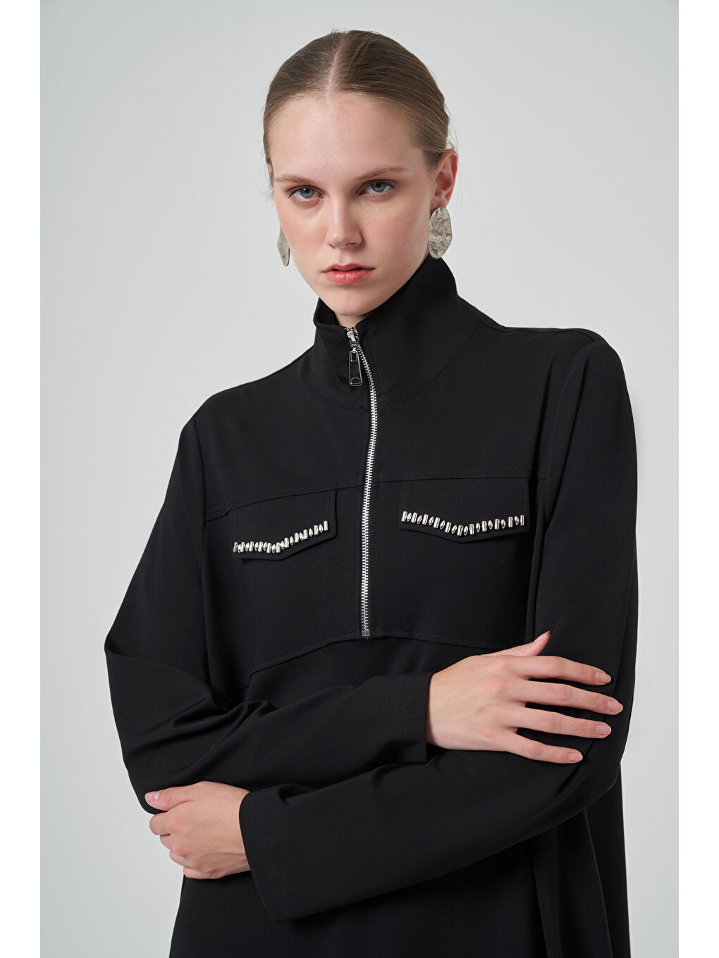 Fermuar ve Boncuk İşleme Detay Elbise 2013 Siyah-1